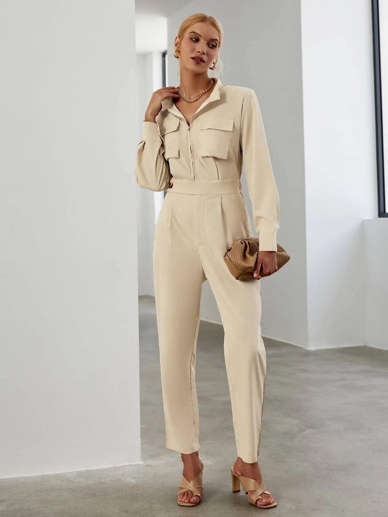 Flap Pocket Fold Pleated Jumpsuit-Comfy Jumpsuits