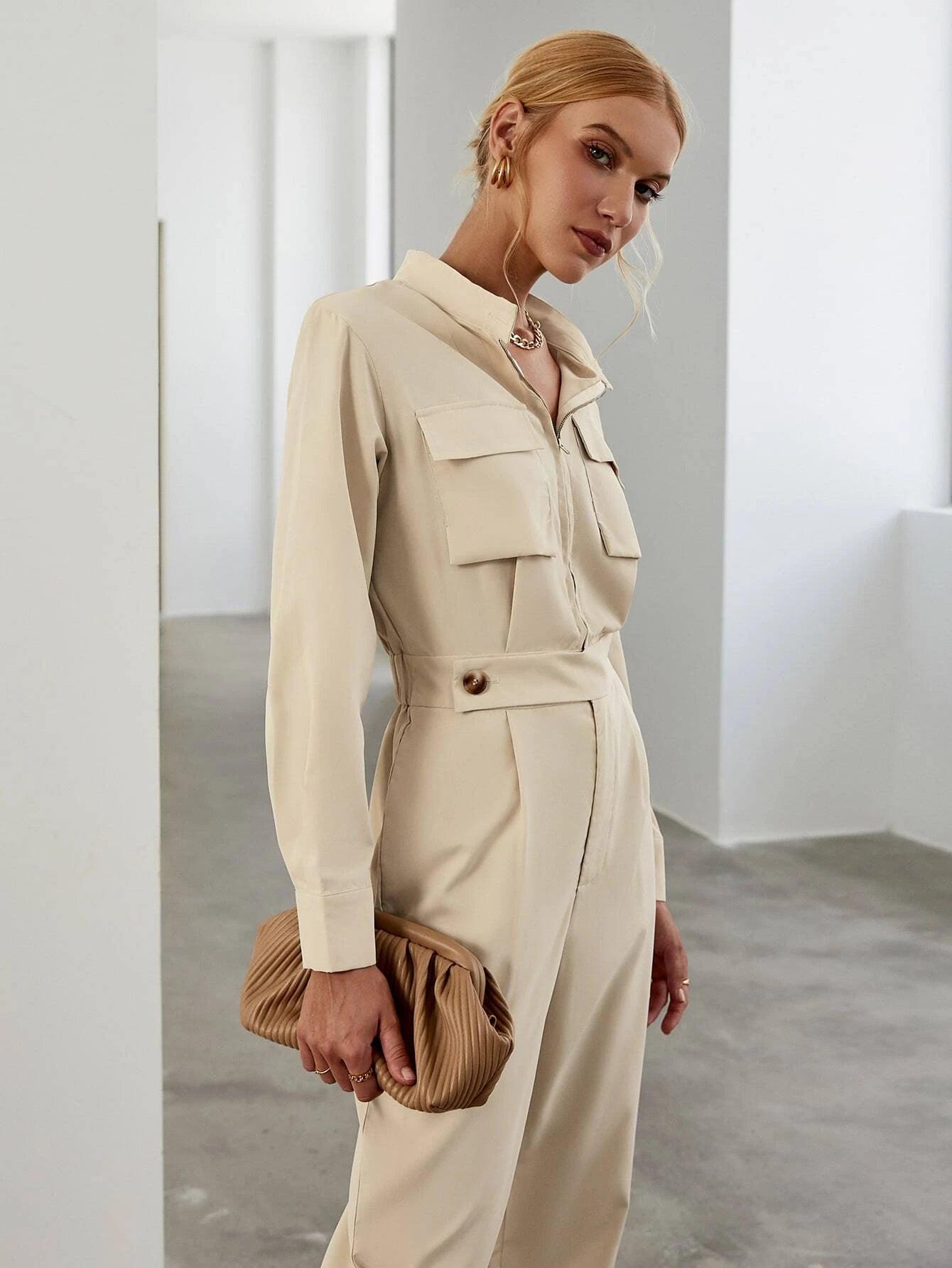 Flap Pocket Fold Pleated Jumpsuit-Comfy Jumpsuits