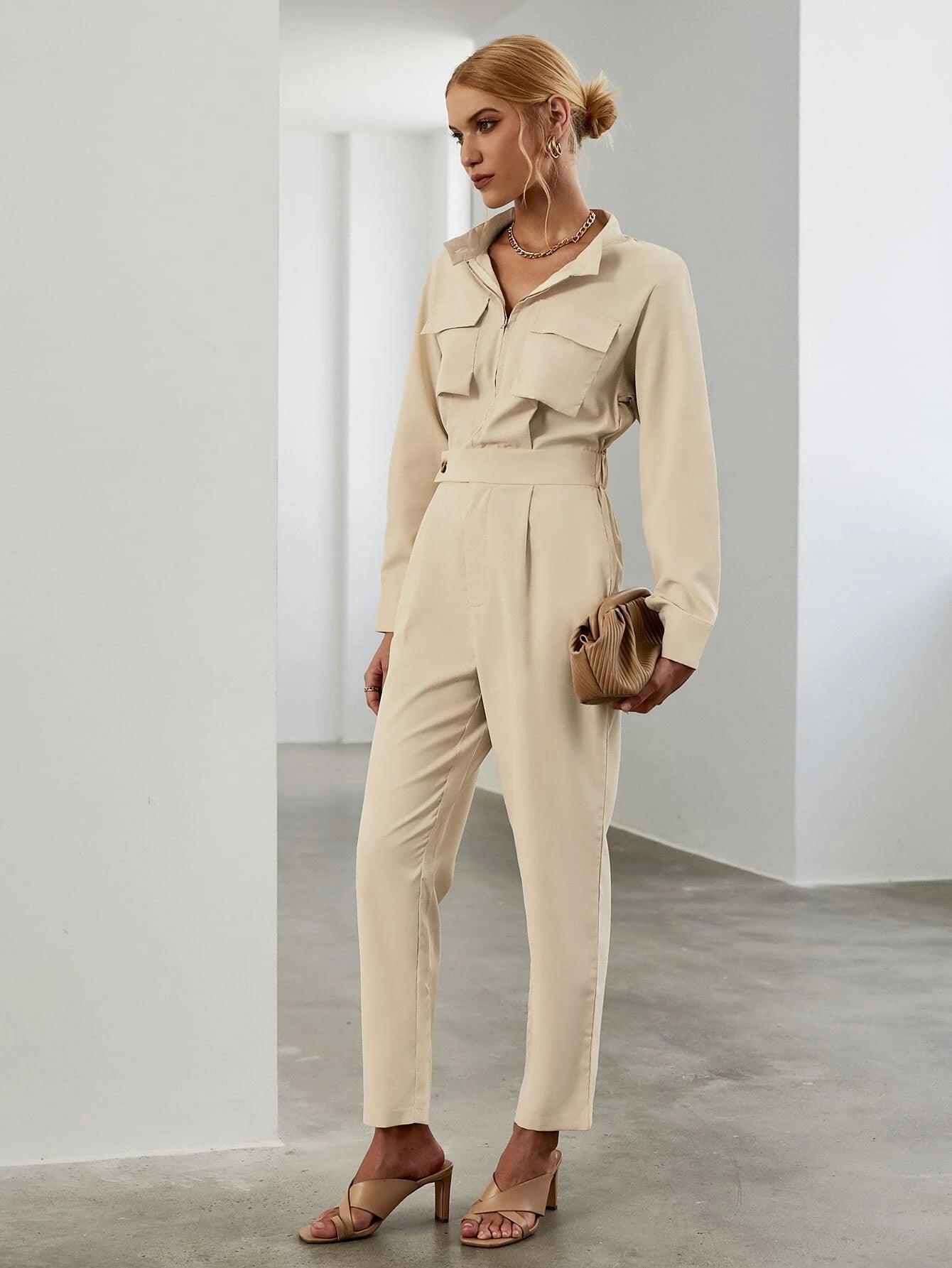 Flap Pocket Fold Pleated Jumpsuit-Comfy Jumpsuits