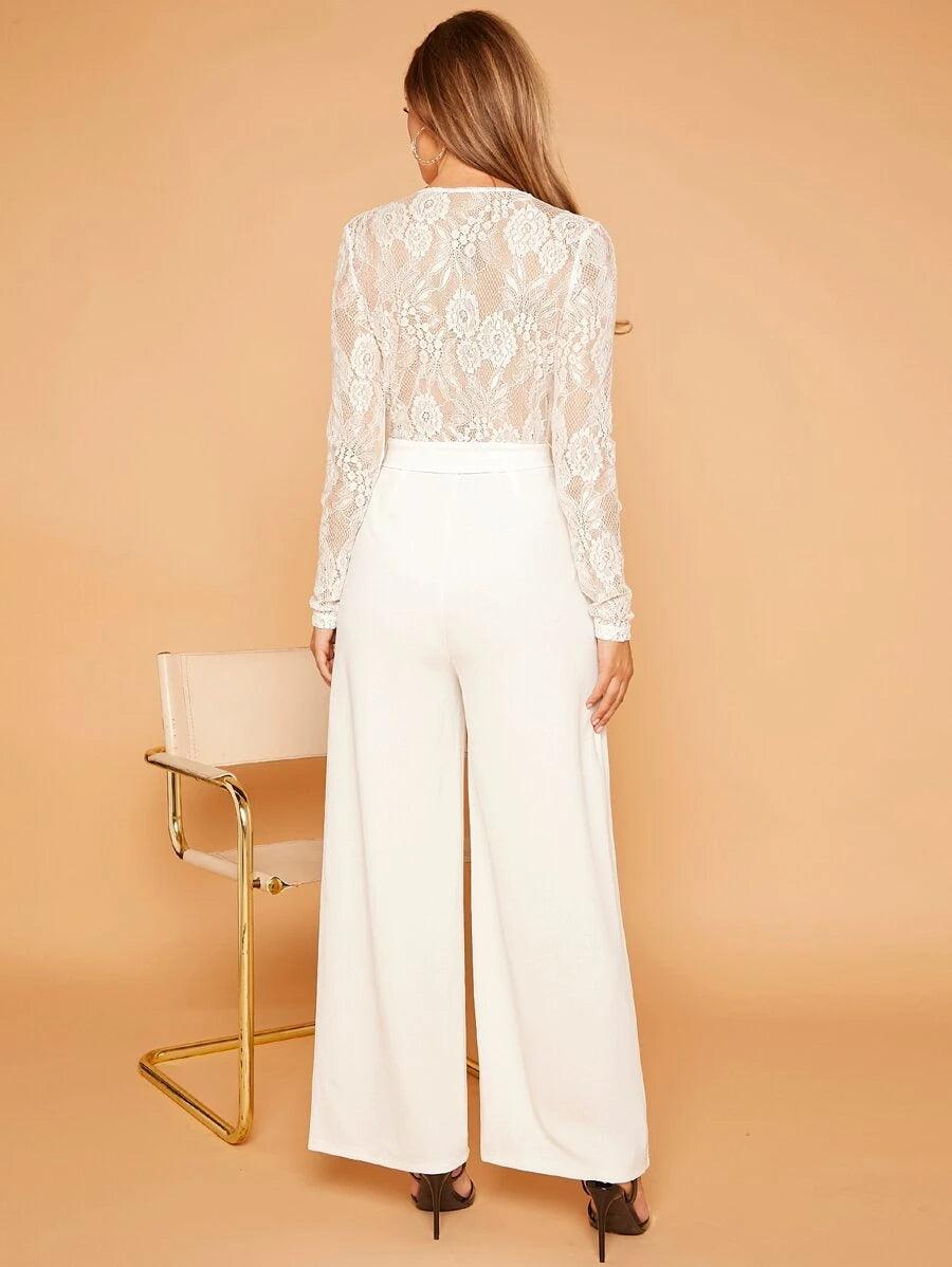 Unity Contrast Lace Overlap Collar Belted Culotte Jumpsuit-Comfy Jumpsuits