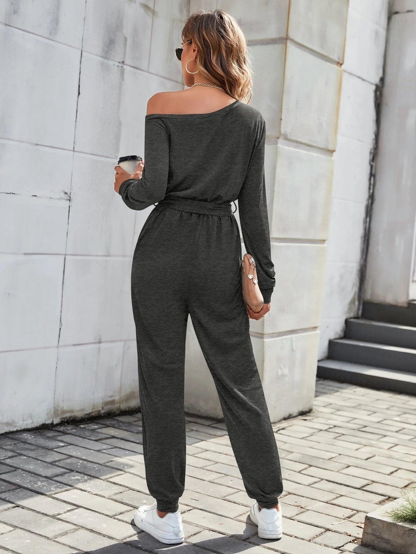 Solid Coloured Asymmetrical Neck Belted Jumpsuit-Comfy Jumpsuits