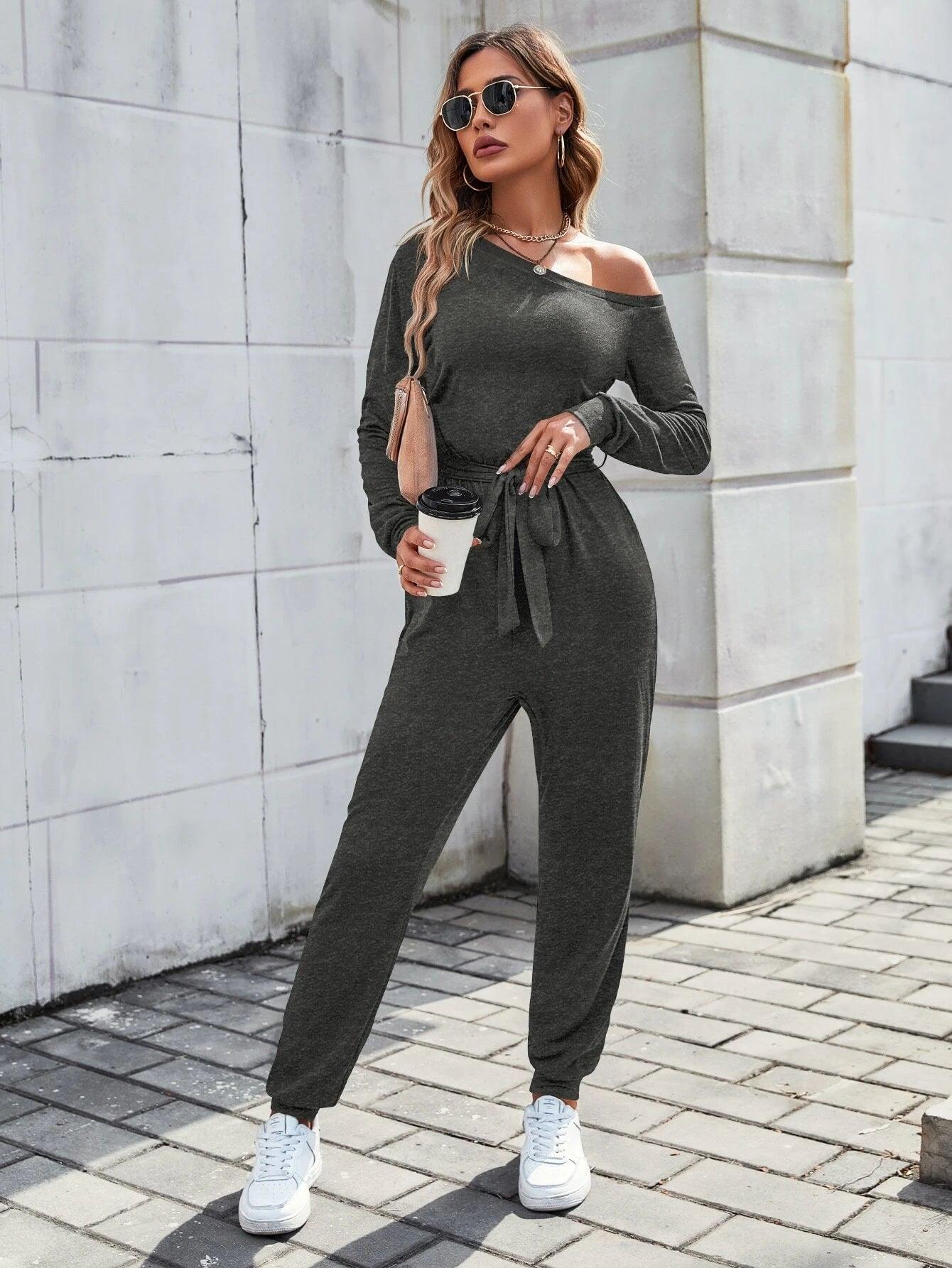 Solid Coloured Asymmetrical Neck Belted Jumpsuit-Comfy Jumpsuits