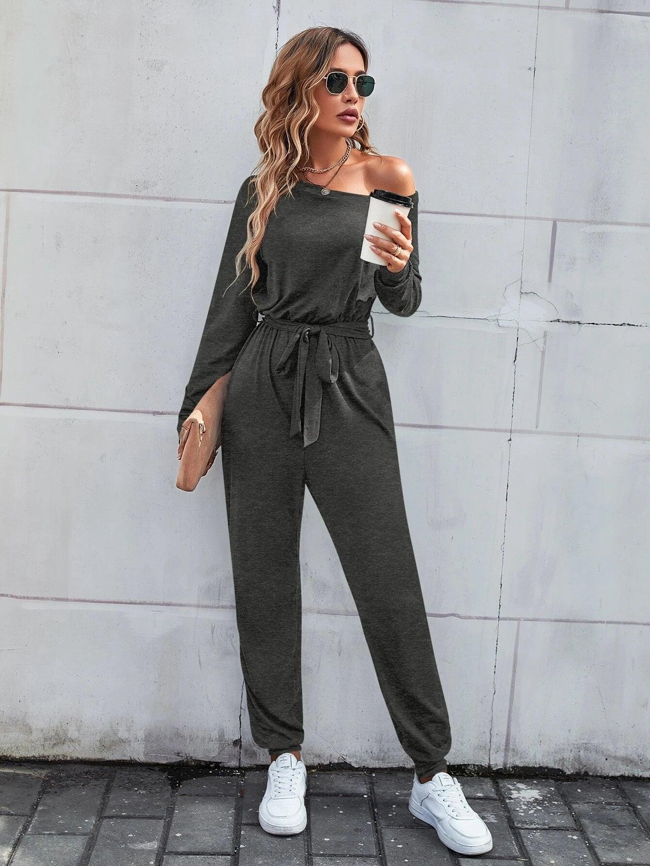 Solid Coloured Asymmetrical Neck Belted Jumpsuit-Comfy Jumpsuits