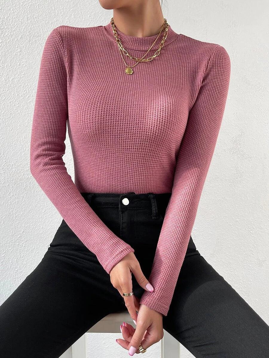 Mock Neck Waffle Knit Bodysuit-Comfy Jumpsuits