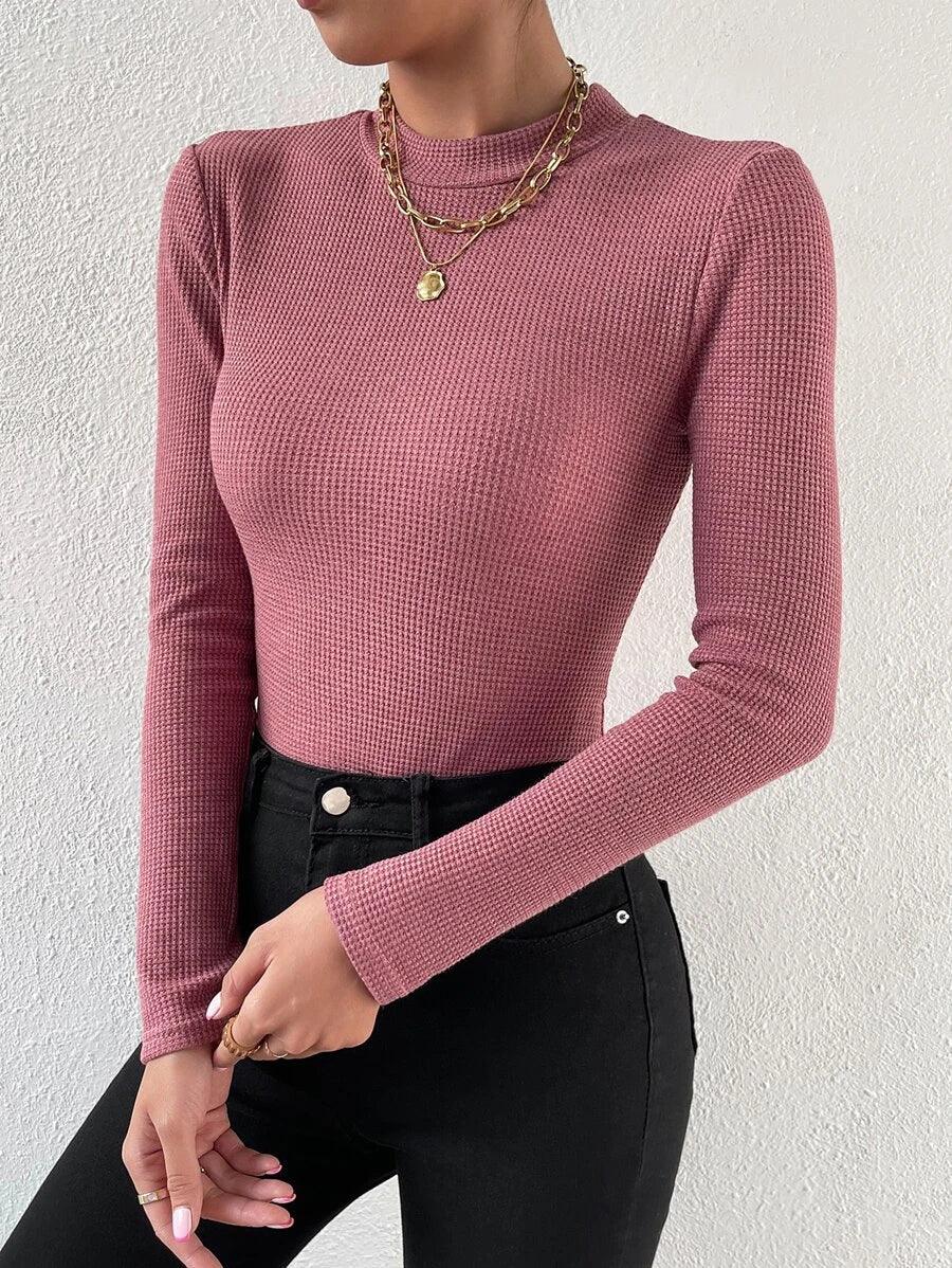 Mock Neck Waffle Knit Bodysuit-Comfy Jumpsuits