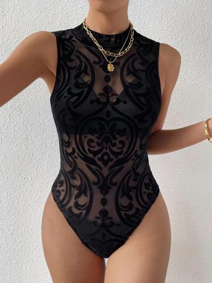 Baroque Print Mock Neck Bodysuit Without Lingerie Set-Comfy Jumpsuits