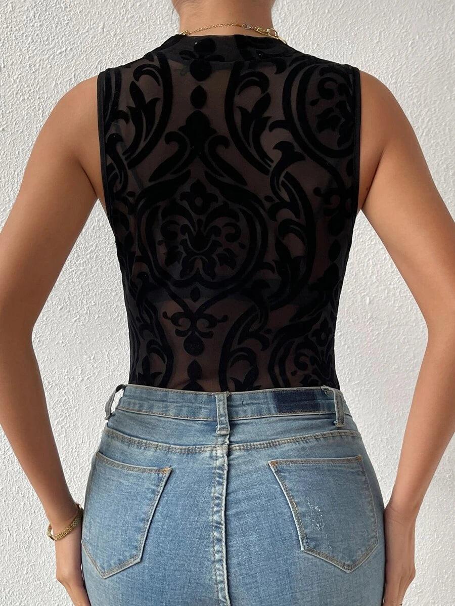 Baroque Print Mock Neck Bodysuit Without Lingerie Set-Comfy Jumpsuits
