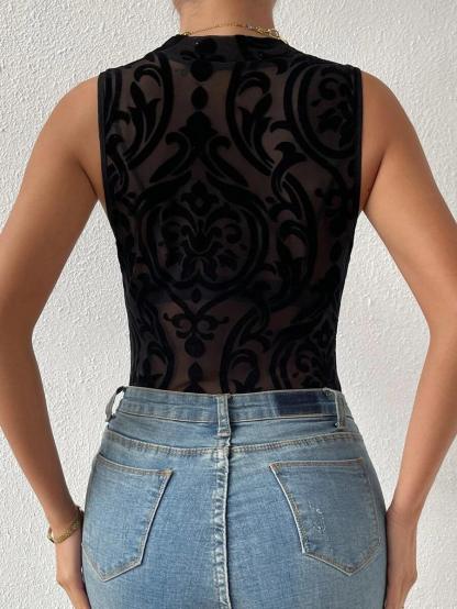 Baroque Print Mock Neck Bodysuit Without Lingerie Set-Comfy Jumpsuits