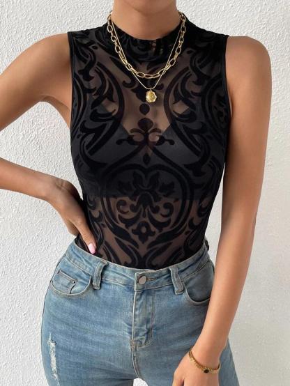 Baroque Print Mock Neck Bodysuit Without Lingerie Set-Comfy Jumpsuits