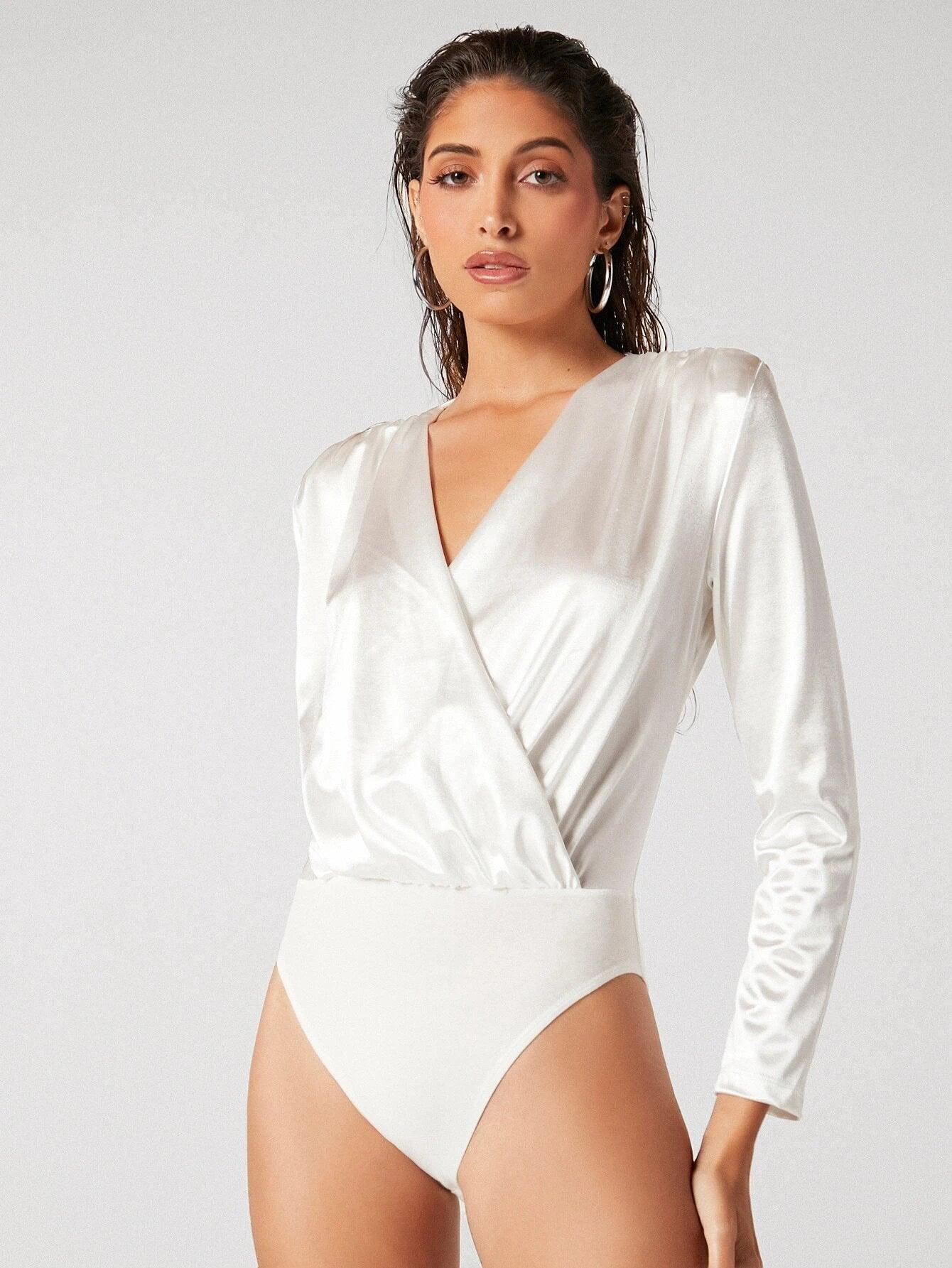 Satin Long Sleeve Bodysuit-Comfy Jumpsuits