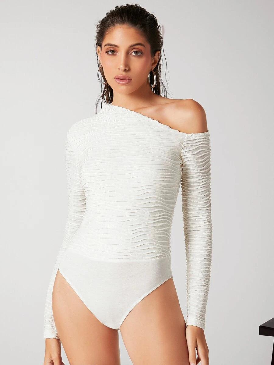 Slim Fit Asymmetrical Neck Ruched Bodysuit-Comfy Jumpsuits