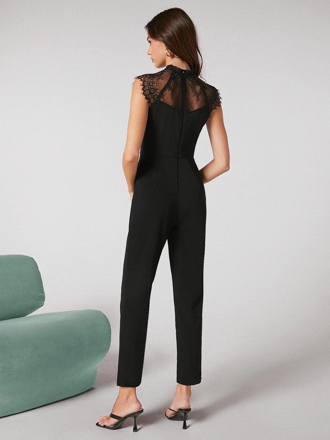 Zip Back Contrast Lace Sleeveless Jumpsuit-Comfy Jumpsuits