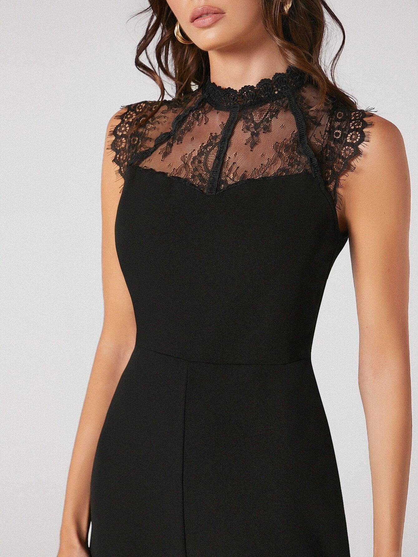 Zip Back Contrast Lace Sleeveless Jumpsuit-Comfy Jumpsuits
