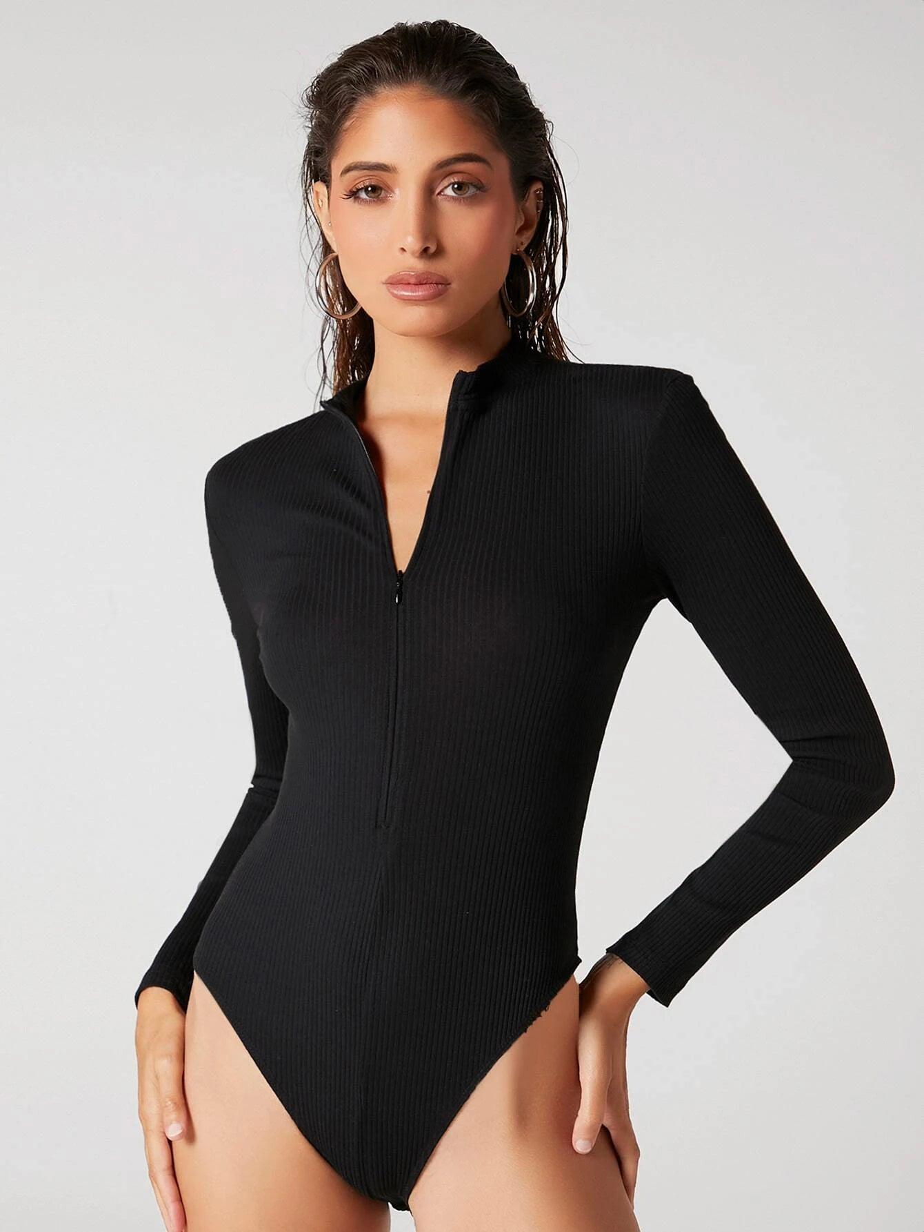 Zipper Front Solid Colored Bodysuit-Comfy Jumpsuits