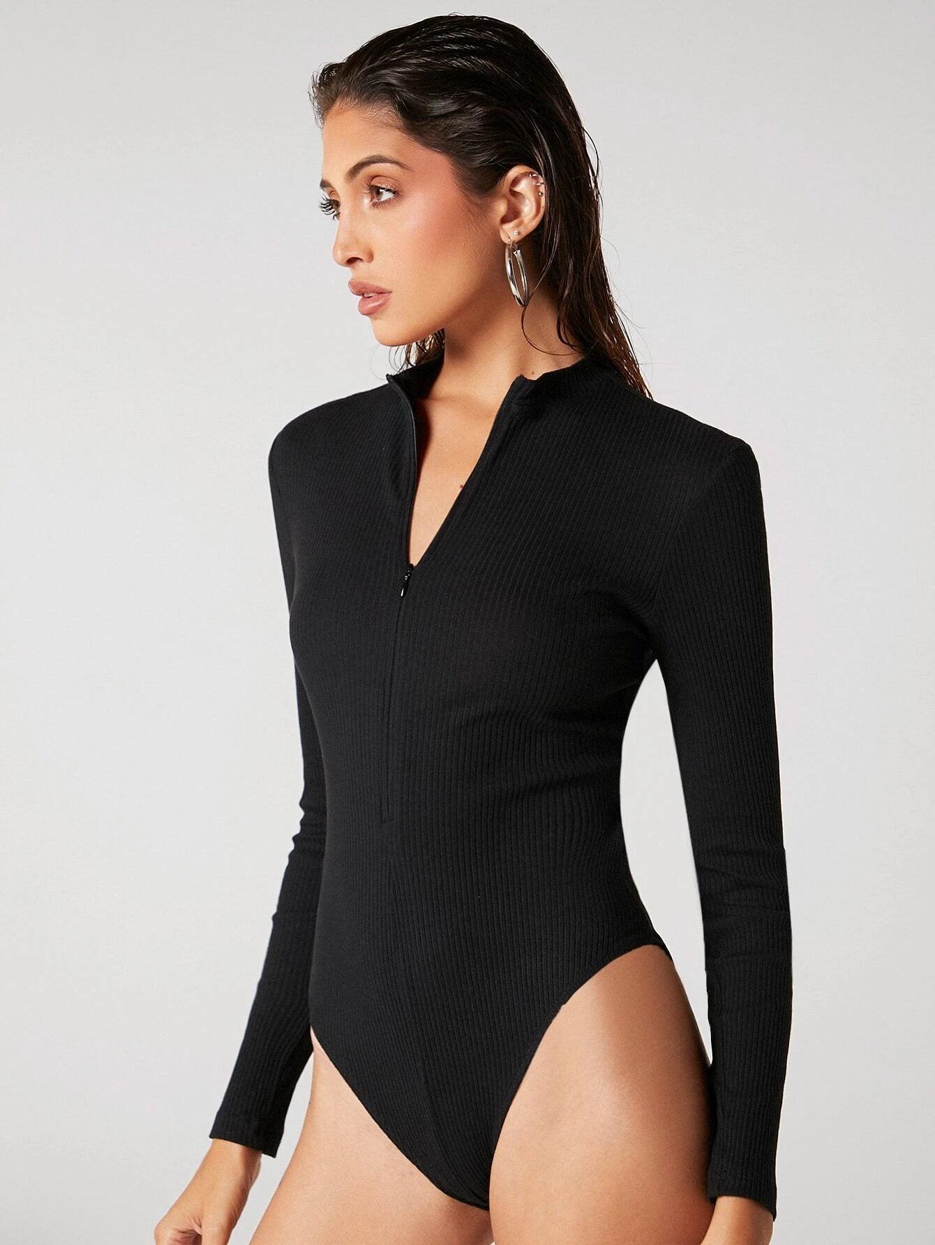 Zipper Front Solid Colored Bodysuit-Comfy Jumpsuits