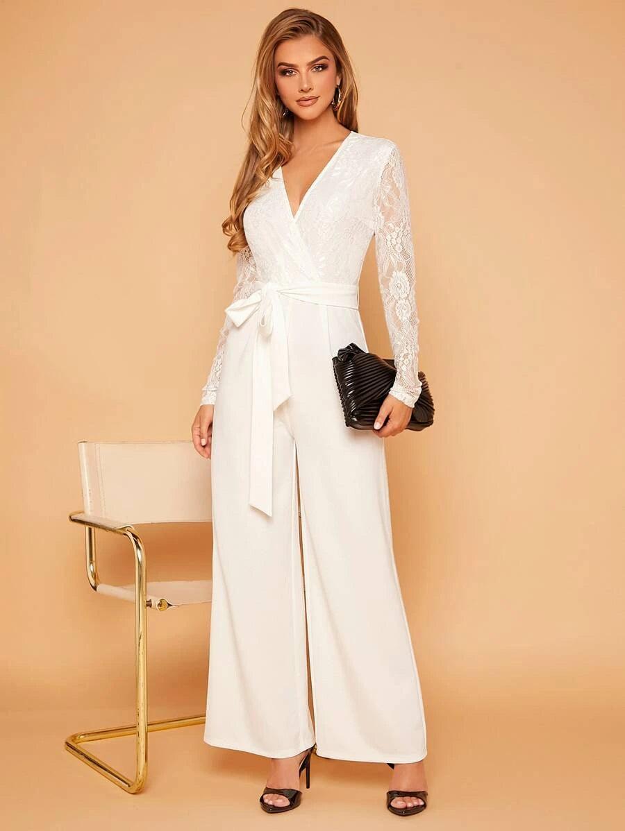 Unity Contrast Lace Overlap Collar Belted Culotte Jumpsuit-Comfy Jumpsuits