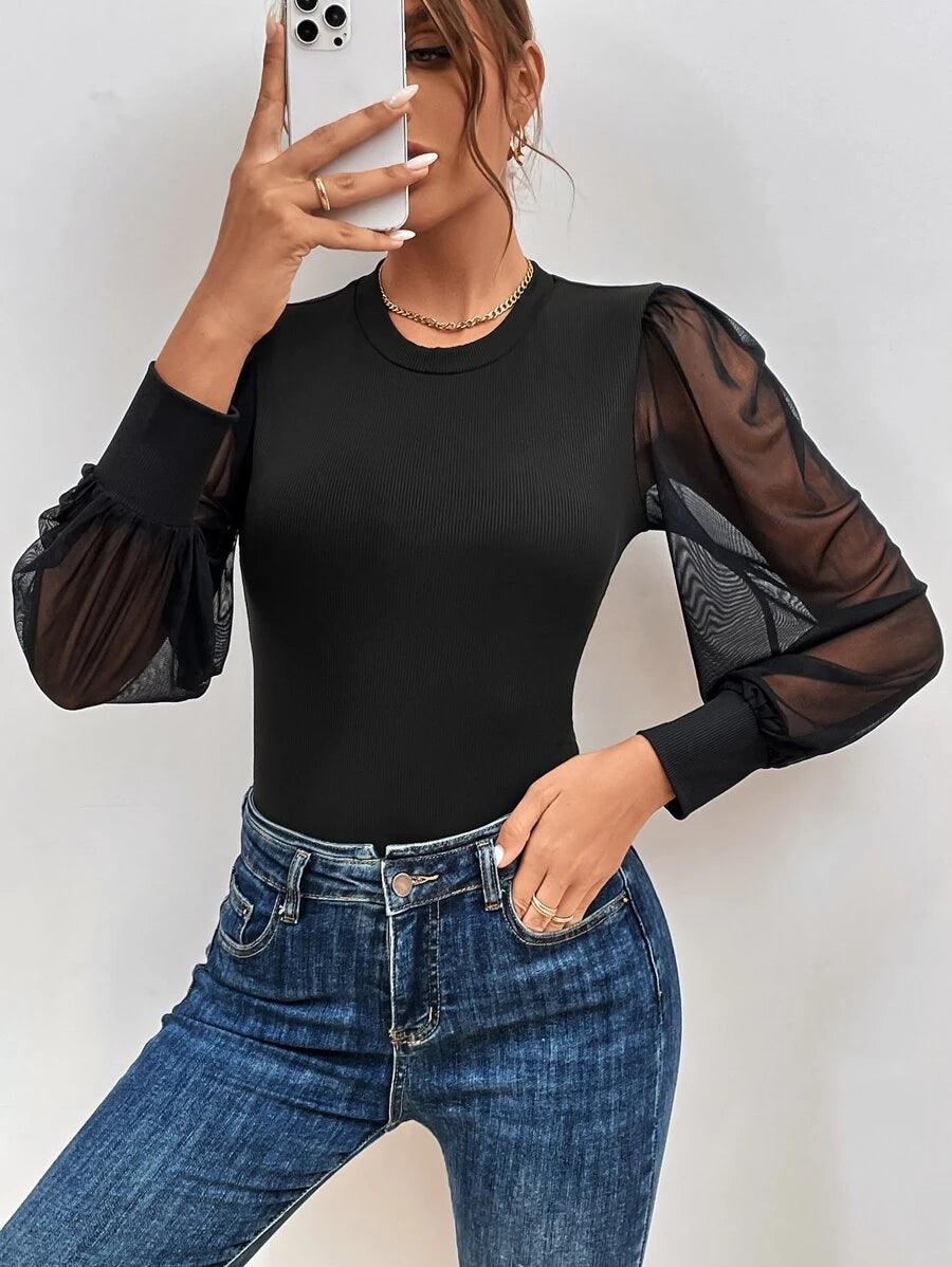Contrast Mesh Sleeveless Bodysuit-Comfy Jumpsuits