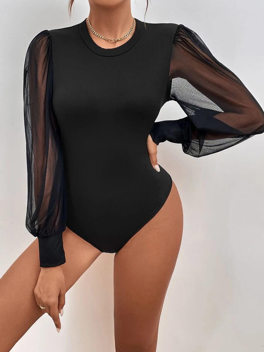 Contrast Mesh Sleeveless Bodysuit-Comfy Jumpsuits