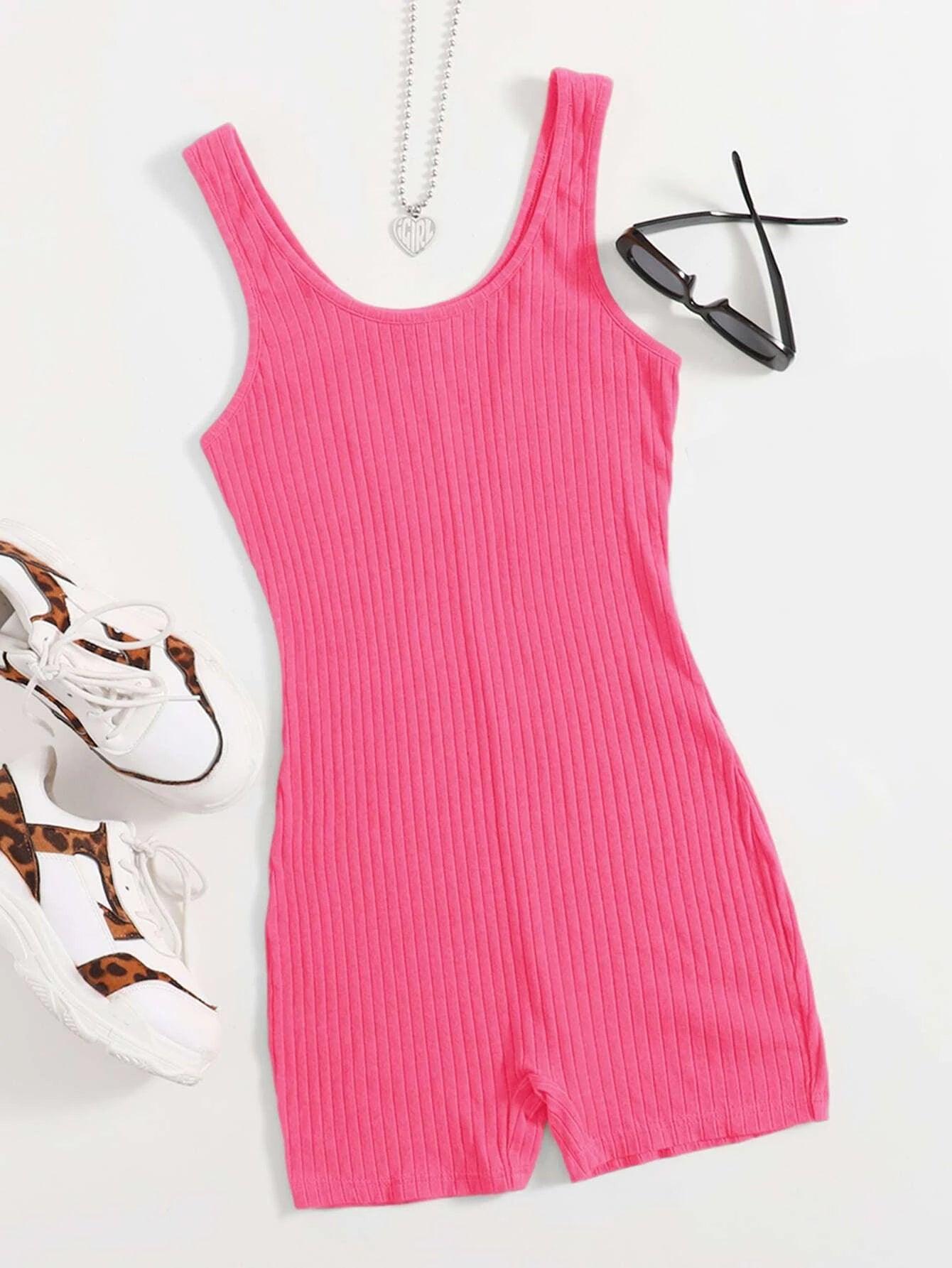 Scoop Neck Rib-knit Tank Unitard Romper-Comfy Jumpsuits