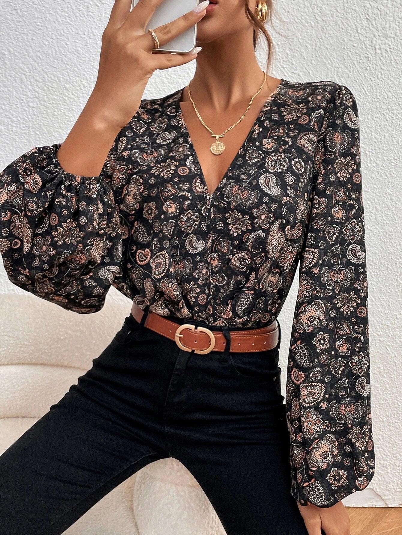 Floral And Paisley Print Lantern Sleeve Bodysuit-Comfy Jumpsuits