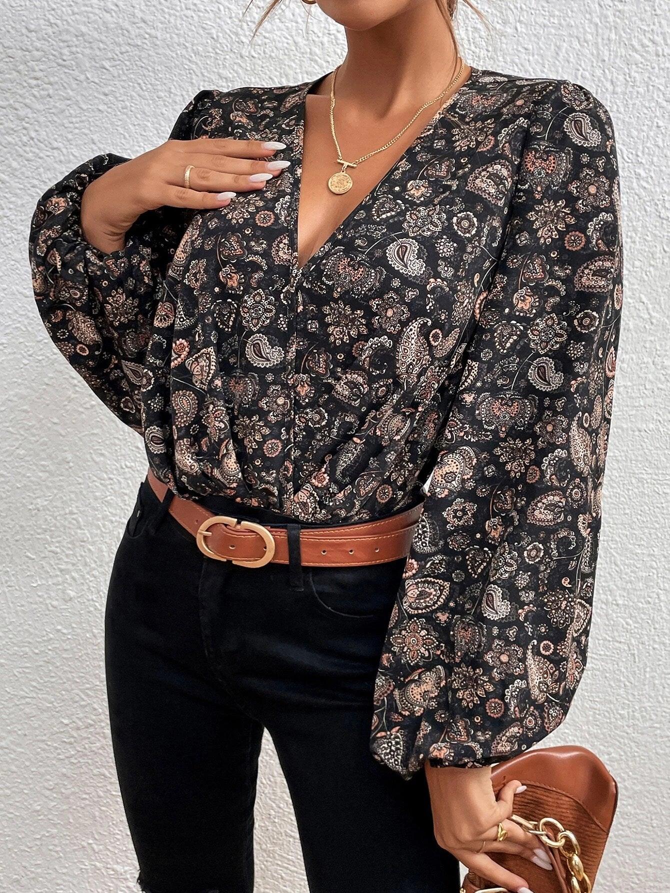 Floral And Paisley Print Lantern Sleeve Bodysuit-Comfy Jumpsuits