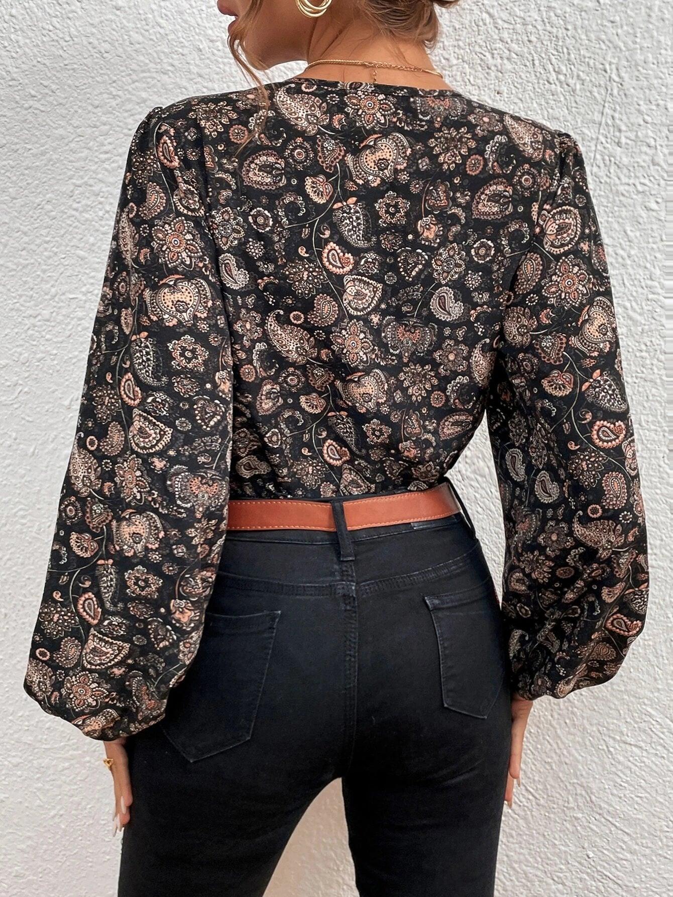 Floral And Paisley Print Lantern Sleeve Bodysuit-Comfy Jumpsuits