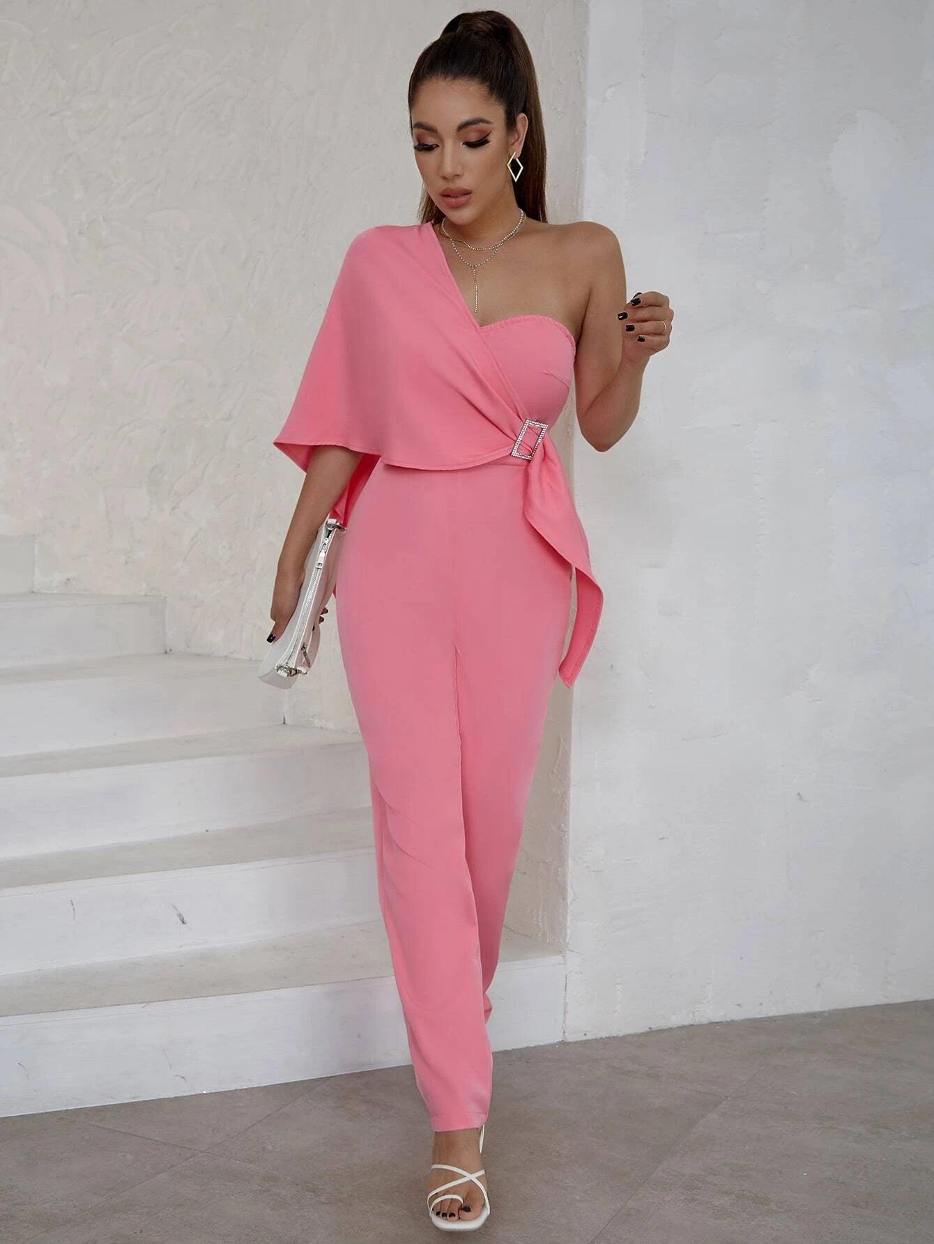 One Shoulder Cloak Sleeve Buckled Side Jumpsuit-Comfy Jumpsuits