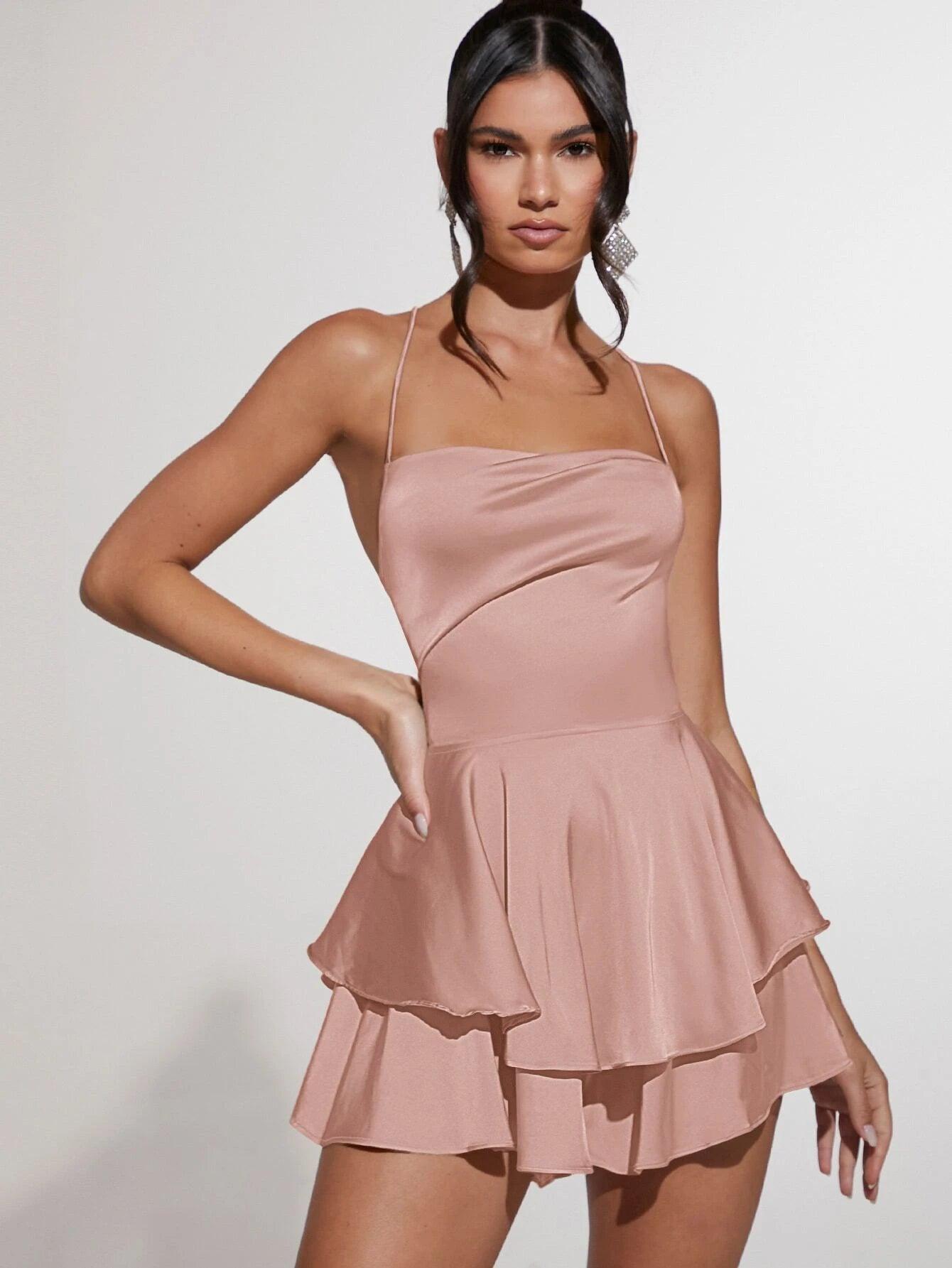 Cowl Neck Lace Up Backless Layered Satin Skort Romper-Comfy Jumpsuits