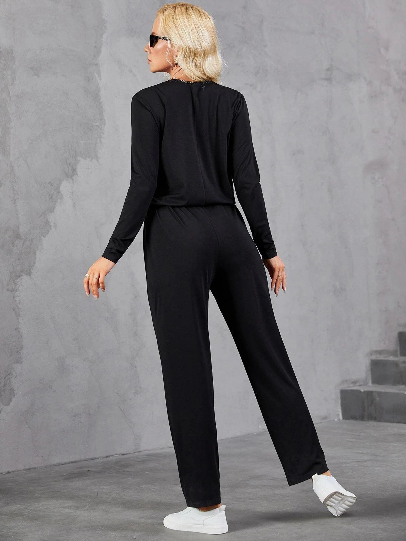 Tie Front Zip Half Placket Jumpsuit-Comfy Jumpsuits
