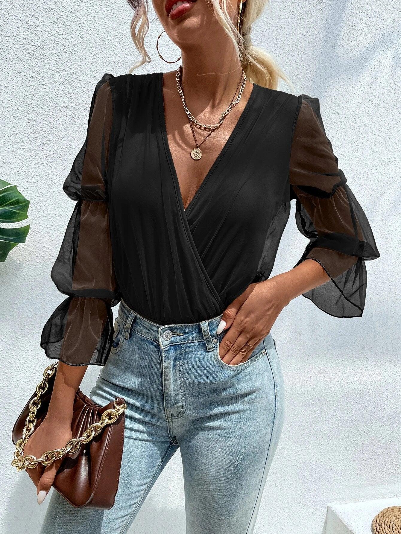 Mesh Gathered Sleeve Bodysuit-Comfy Jumpsuits