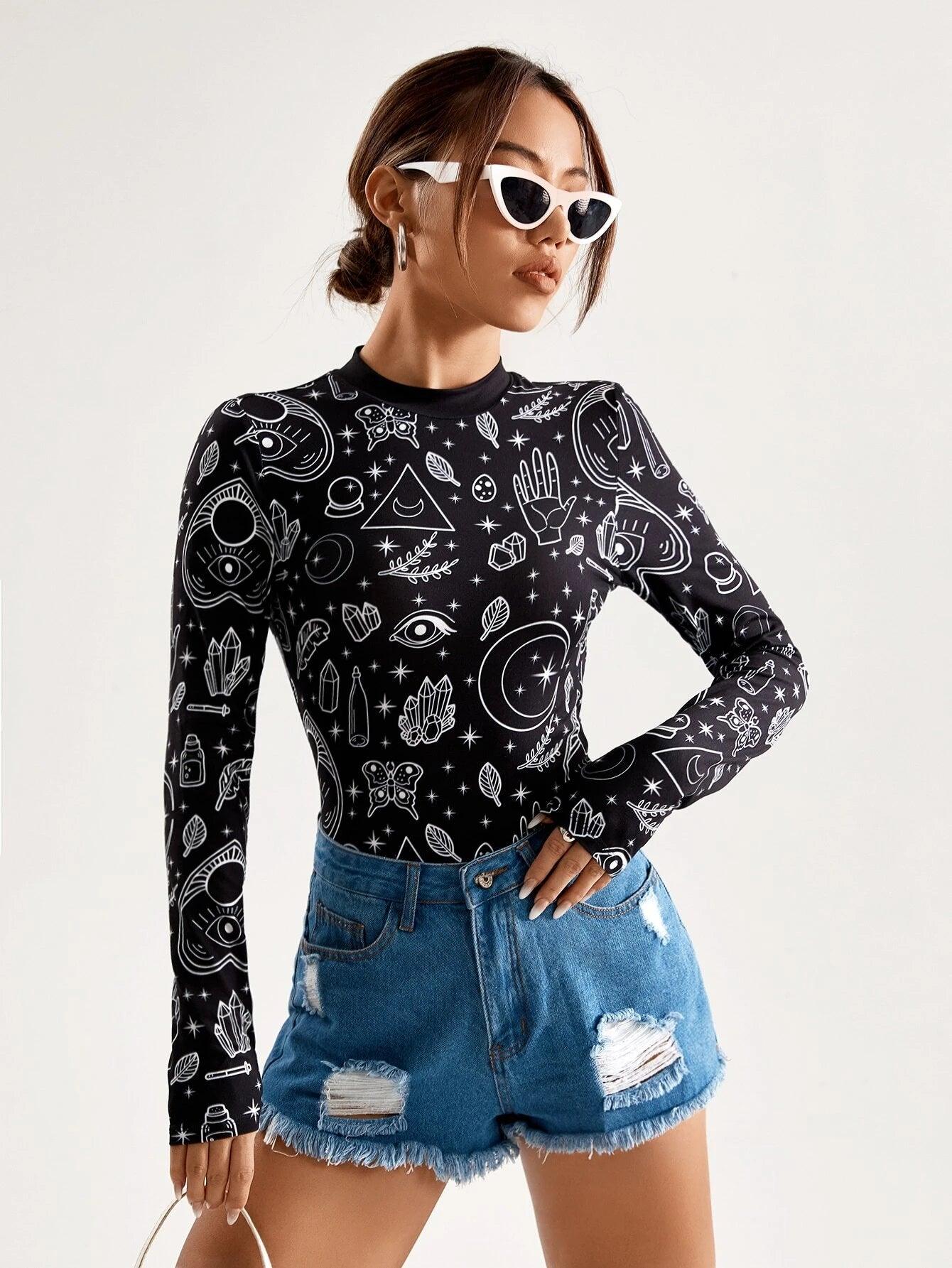 Leaf & Figure Graphic Backless Bodysuit-Comfy Jumpsuits