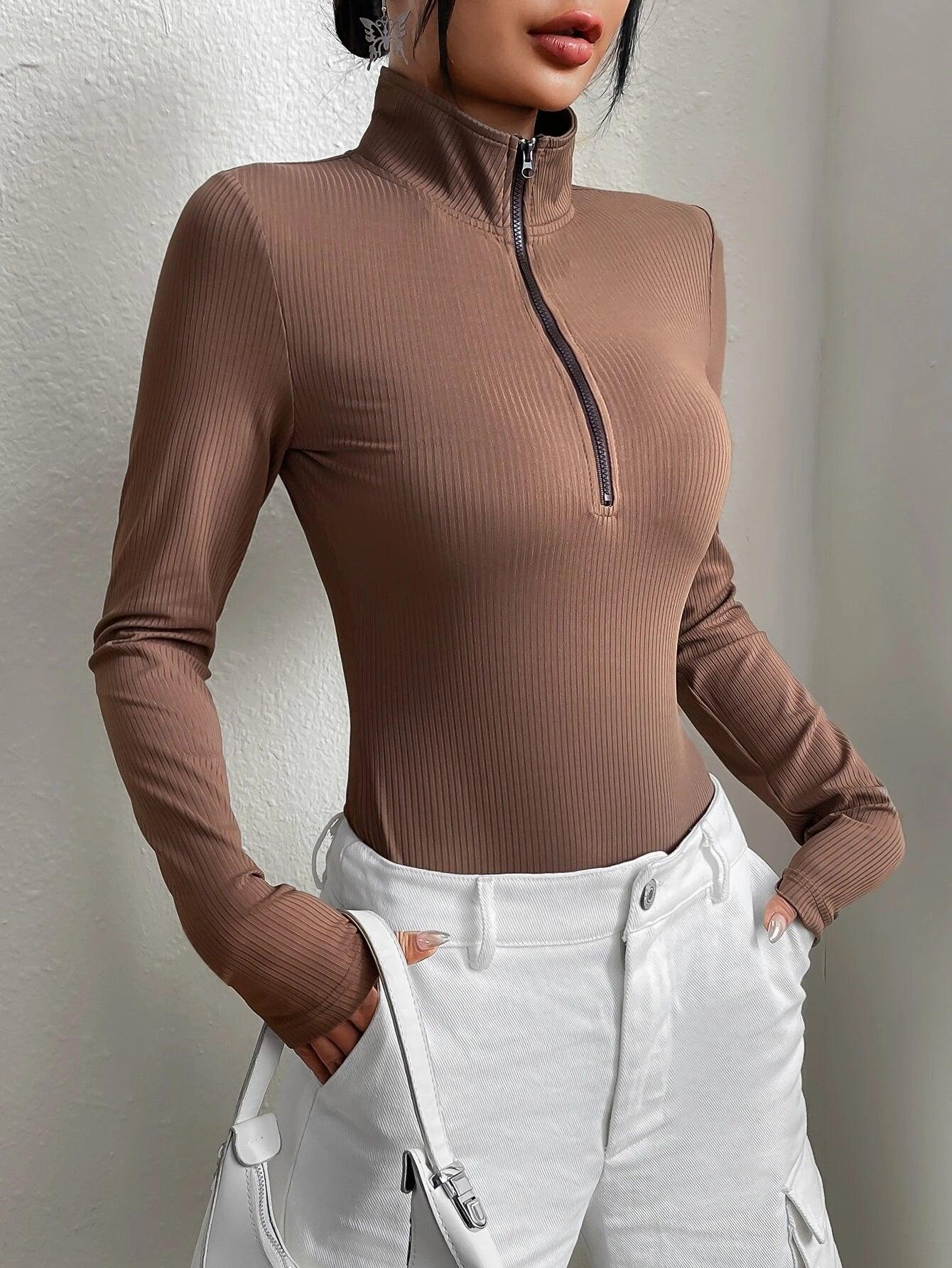 Half Zipper Long Sleeve Bodysuit-Comfy Jumpsuits