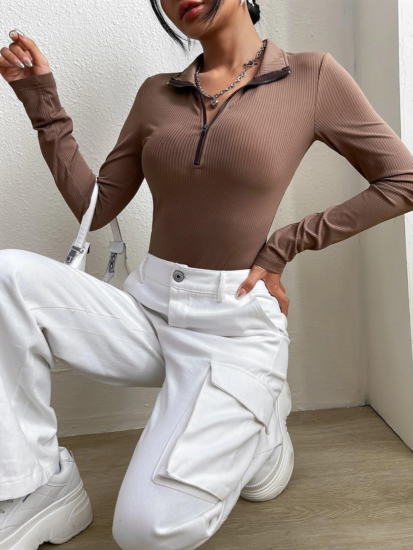 Half Zipper Long Sleeve Bodysuit-Comfy Jumpsuits
