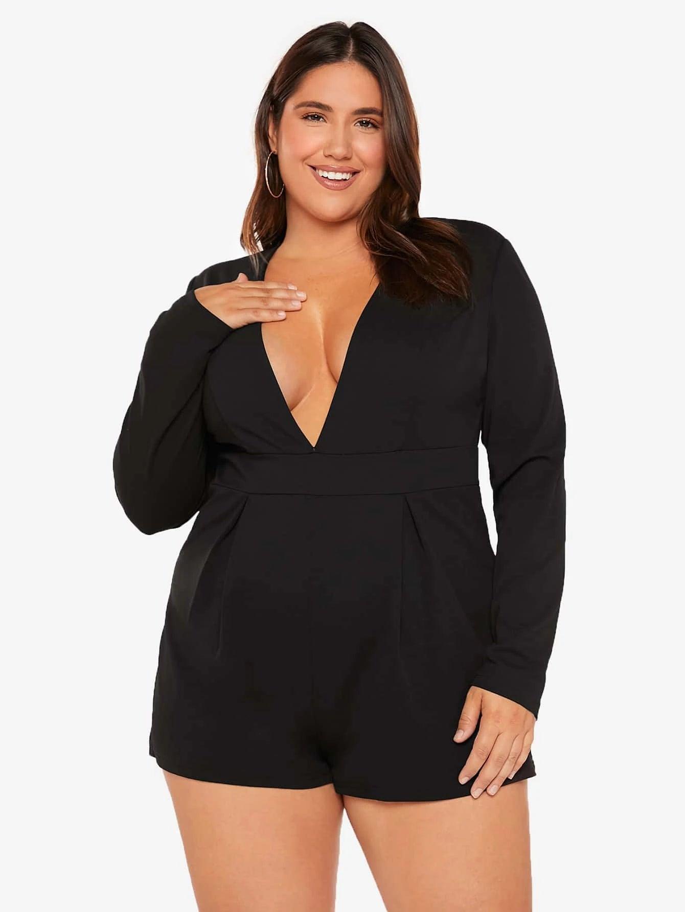 Plus Plunging Neck Solid Romper-Comfy Jumpsuits