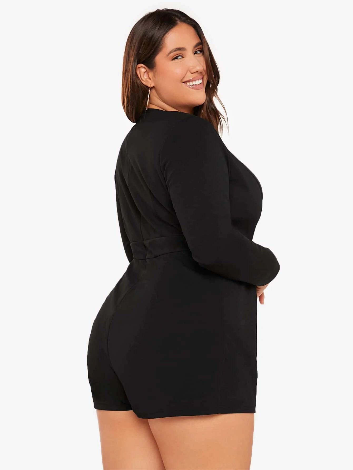 Plus Plunging Neck Solid Romper-Comfy Jumpsuits