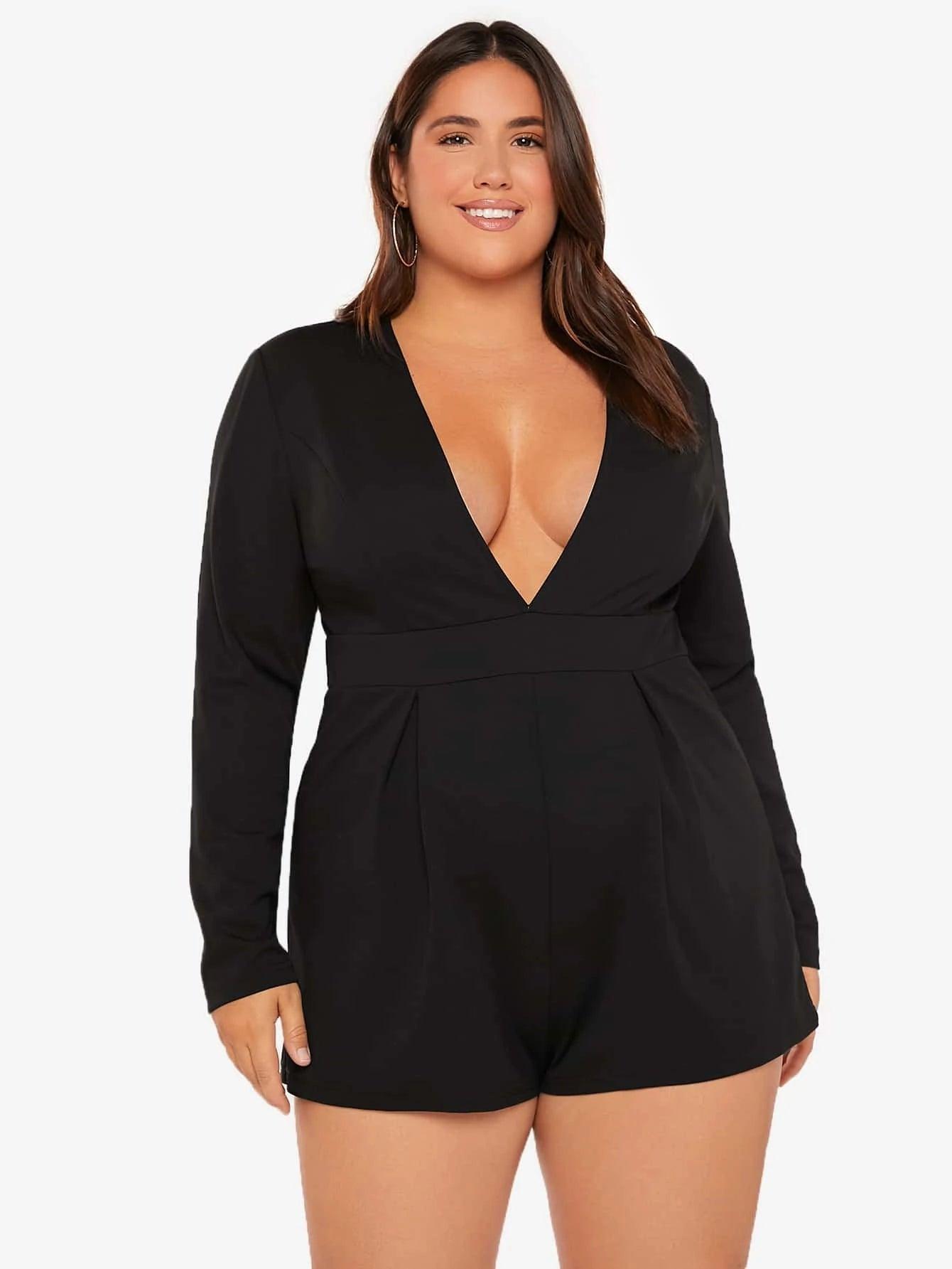 Plus Plunging Neck Solid Romper-Comfy Jumpsuits
