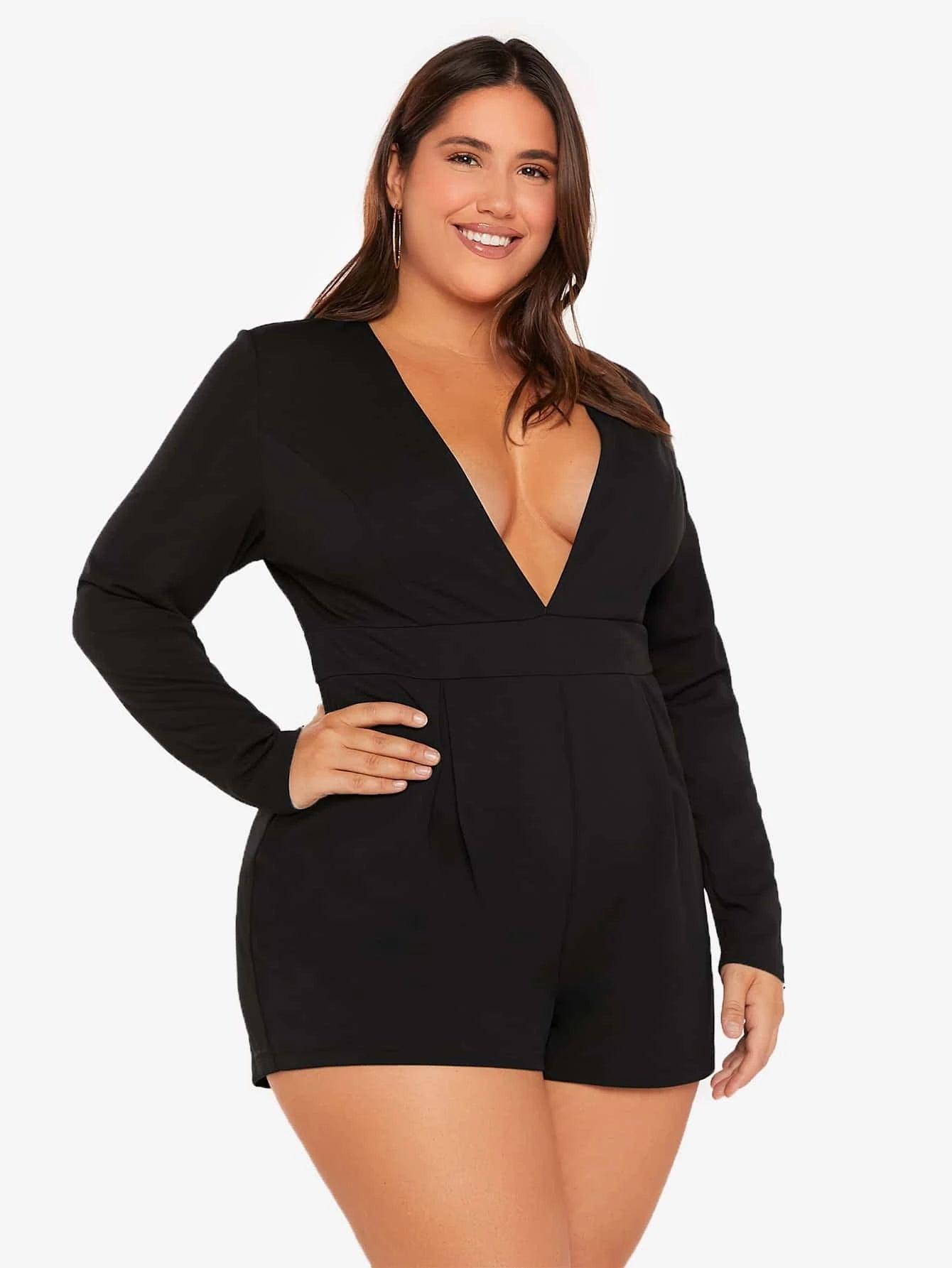 Plus Plunging Neck Solid Romper-Comfy Jumpsuits