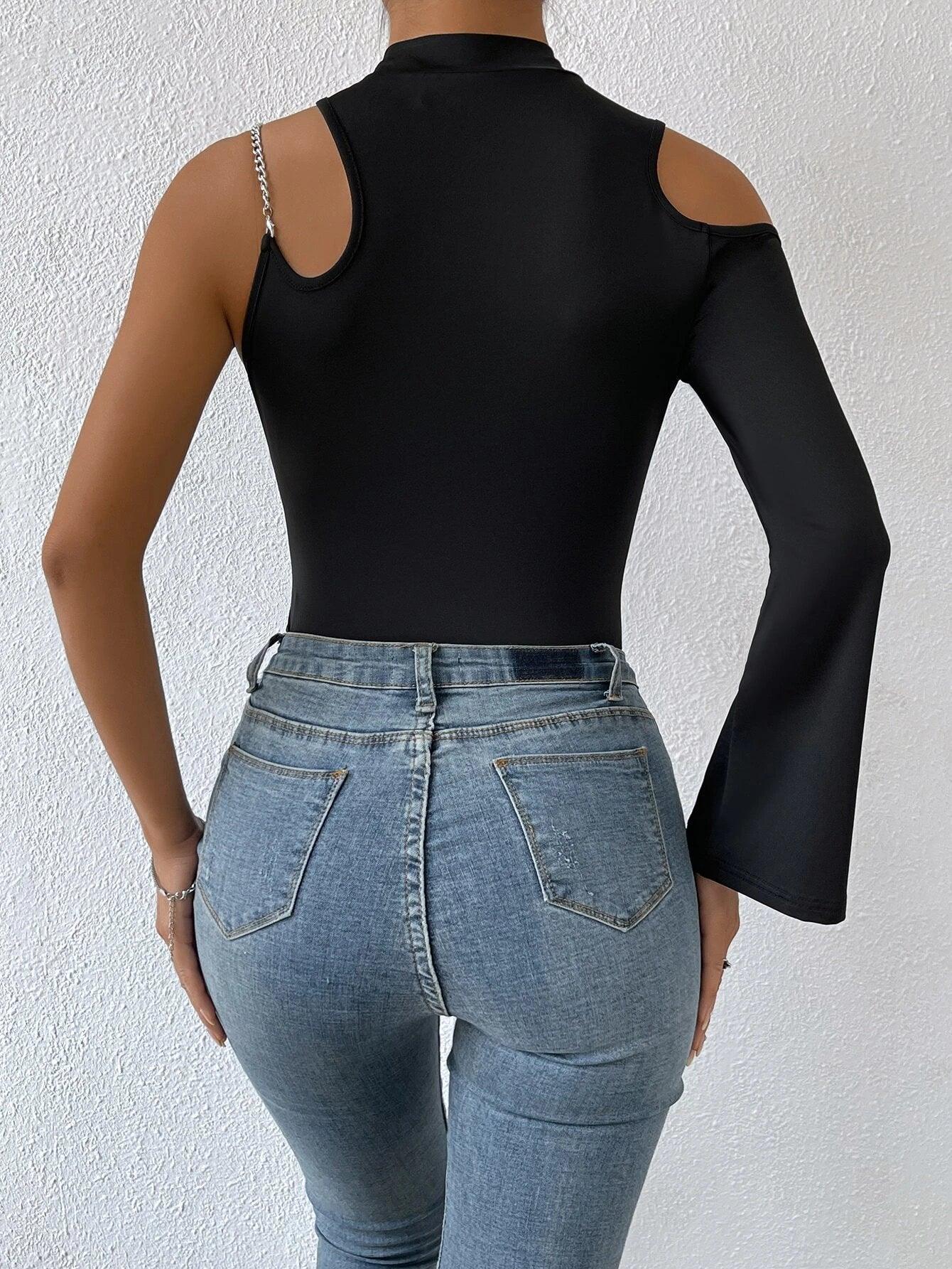 Chain Cut Out Long Sleeve Asymmetrical Bodysuit-Comfy Jumpsuits