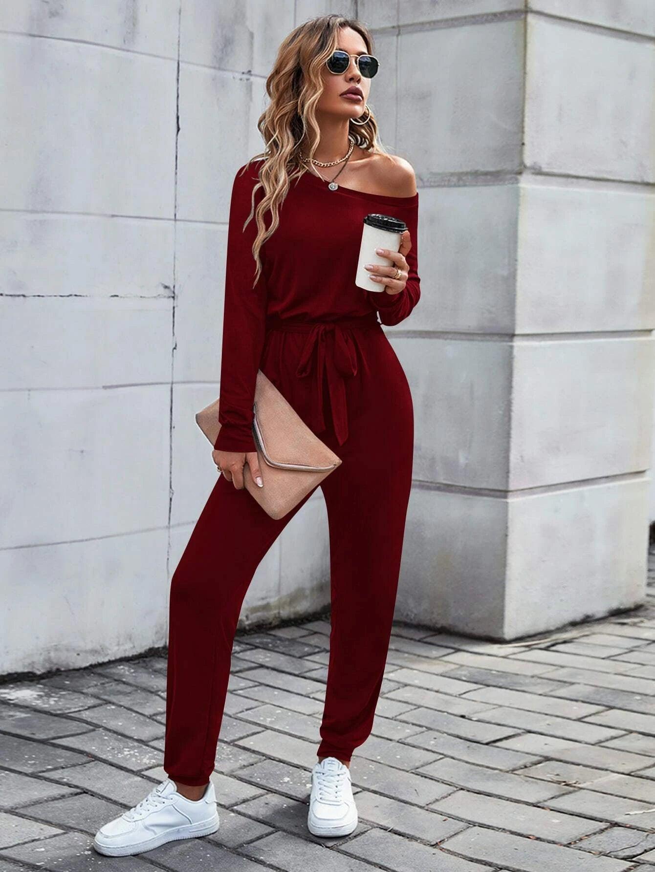 Solid Coloured Asymmetrical Neck Belted Jumpsuit-Comfy Jumpsuits