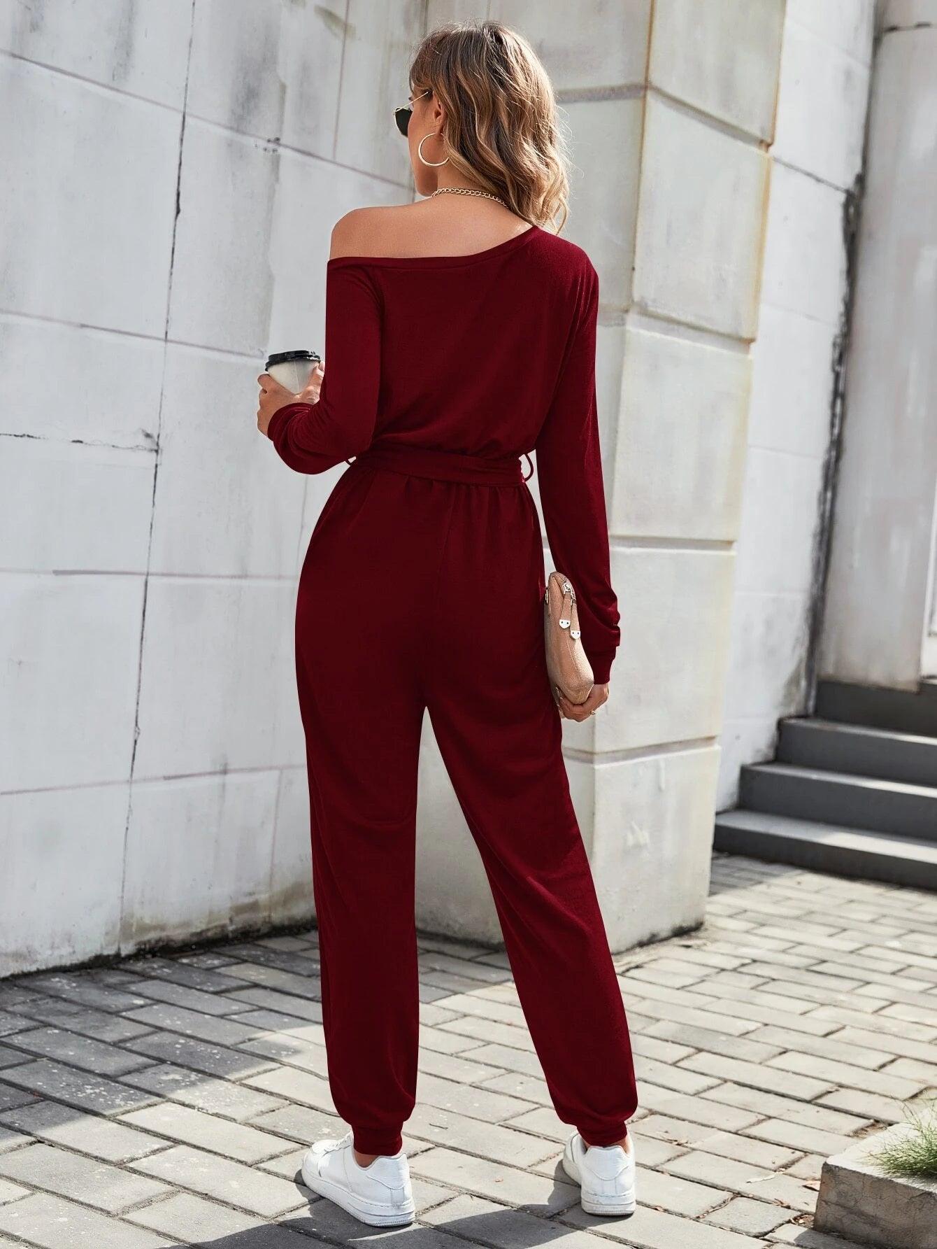 Solid Coloured Asymmetrical Neck Belted Jumpsuit-Comfy Jumpsuits