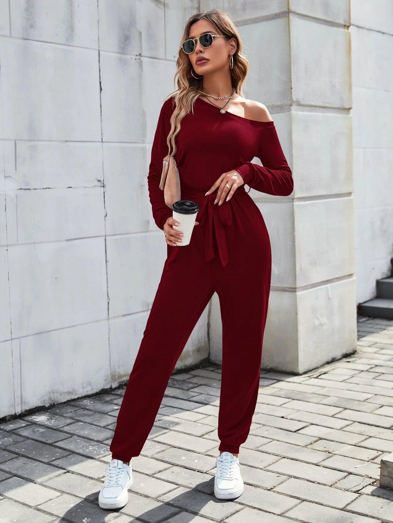 Solid Coloured Asymmetrical Neck Belted Jumpsuit-Comfy Jumpsuits