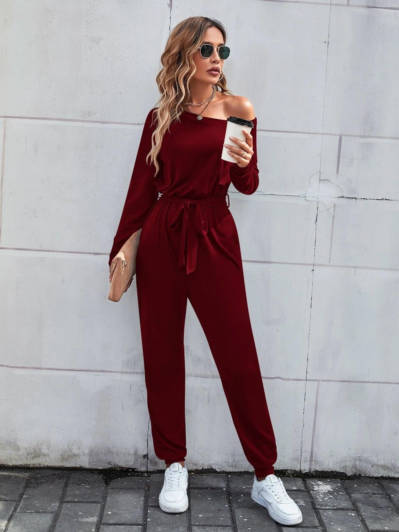 Solid Coloured Asymmetrical Neck Belted Jumpsuit-Comfy Jumpsuits