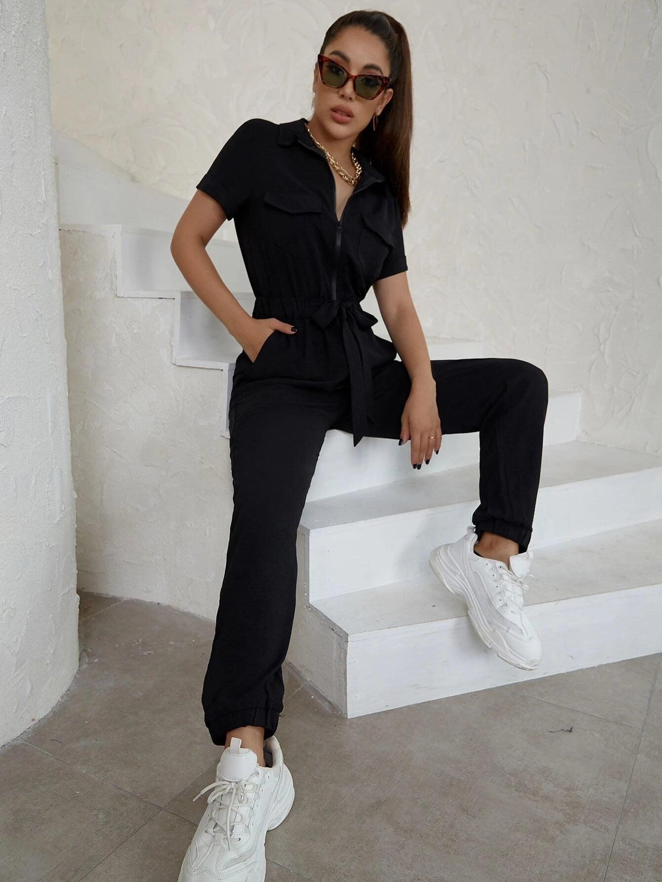 Flap Pocket Belted Front Knot Jumpsuit-Comfy Jumpsuits