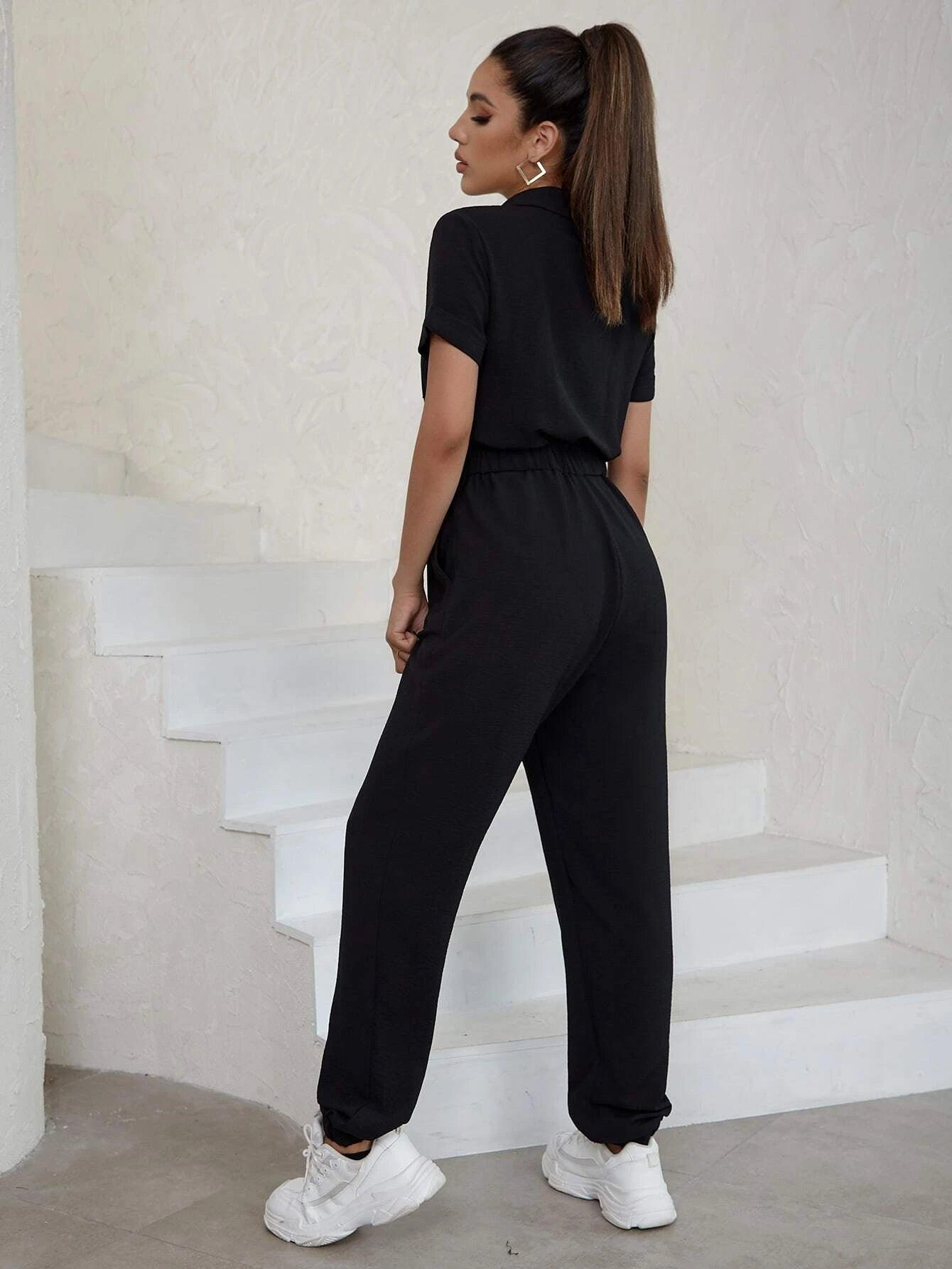 Flap Pocket Belted Front Knot Jumpsuit-Comfy Jumpsuits