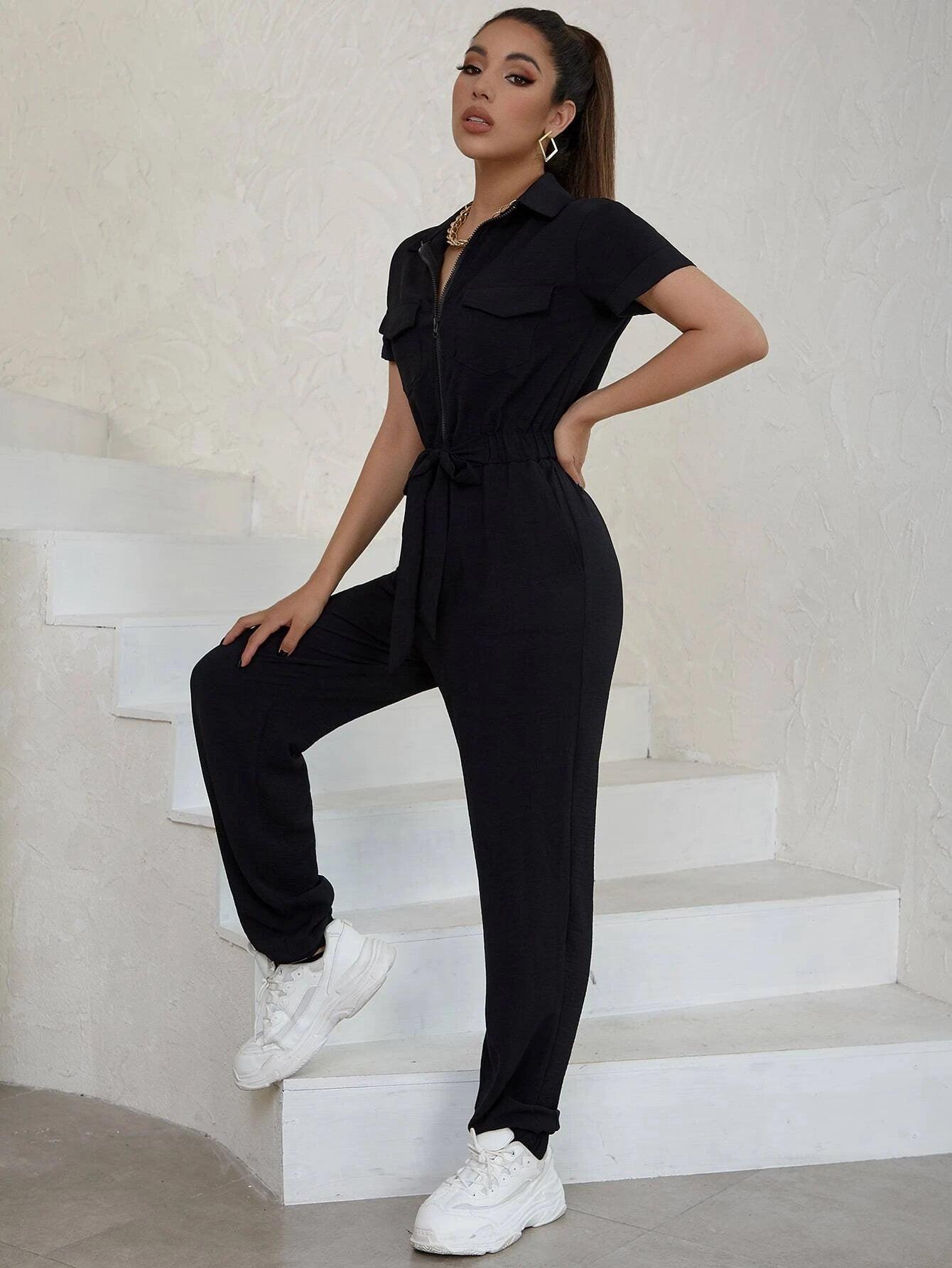 Flap Pocket Belted Front Knot Jumpsuit-Comfy Jumpsuits