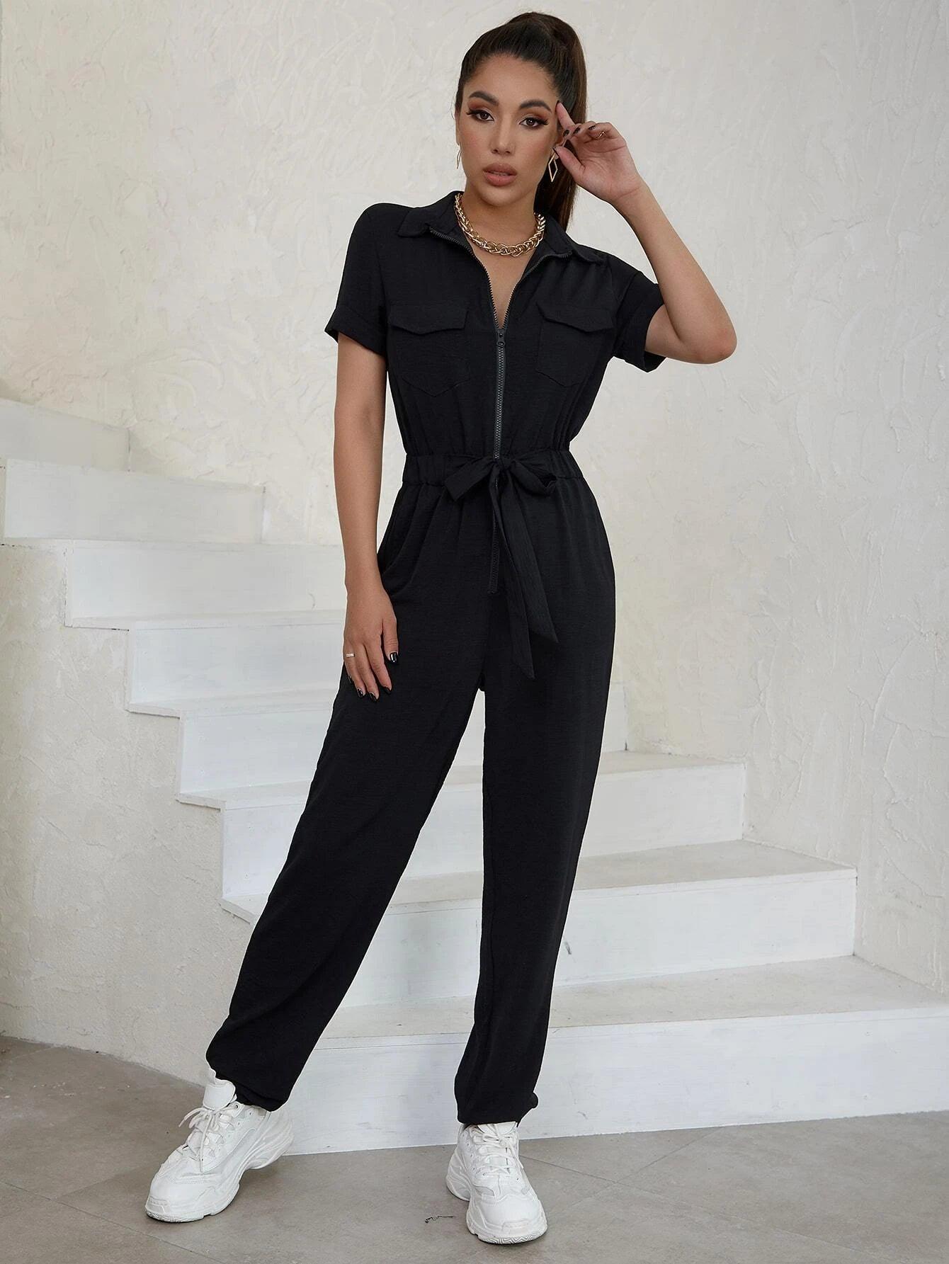 Flap Pocket Belted Front Knot Jumpsuit-Comfy Jumpsuits