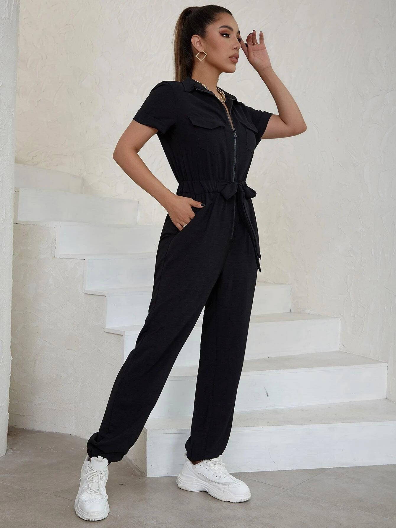 Flap Pocket Belted Front Knot Jumpsuit-Comfy Jumpsuits