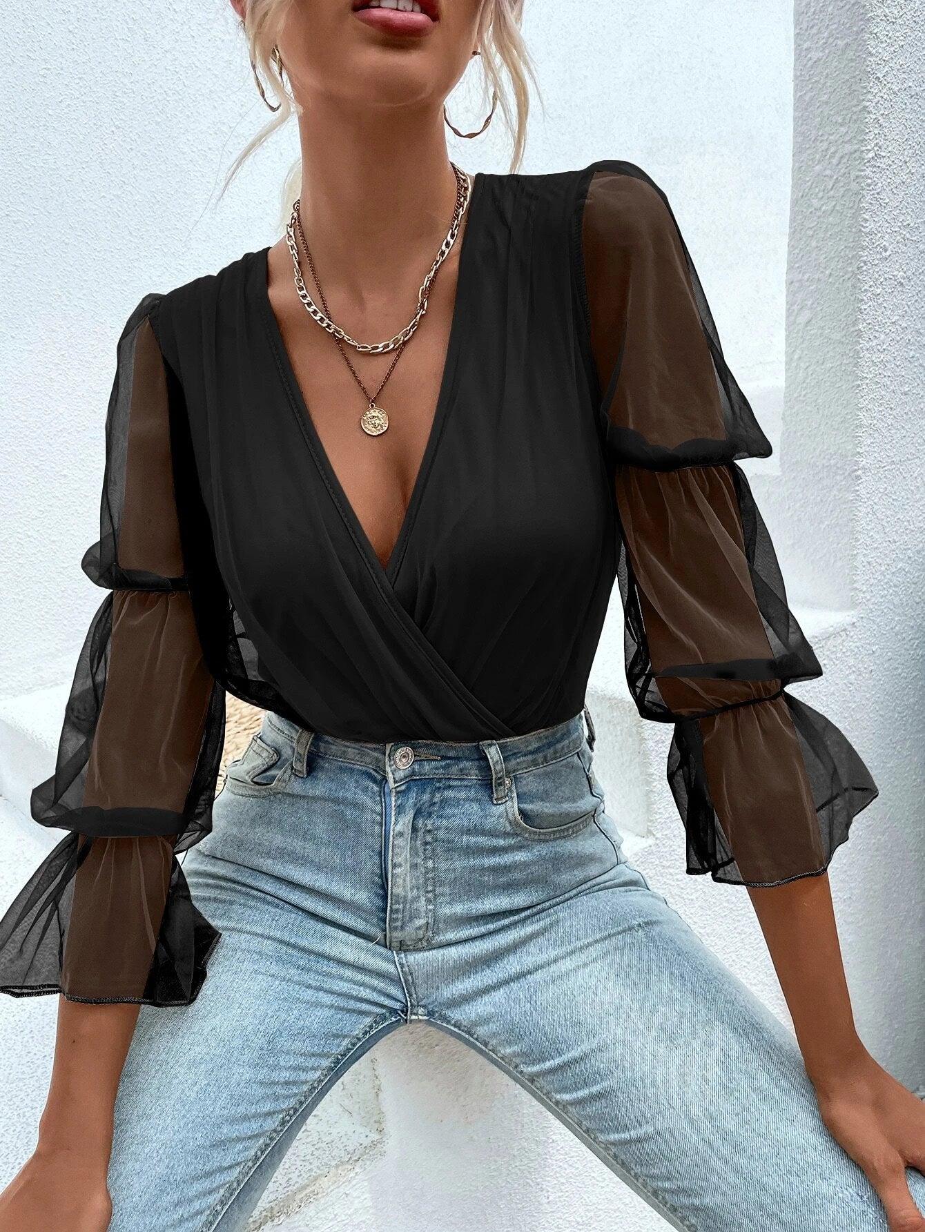 Mesh Gathered Sleeve Bodysuit-Comfy Jumpsuits
