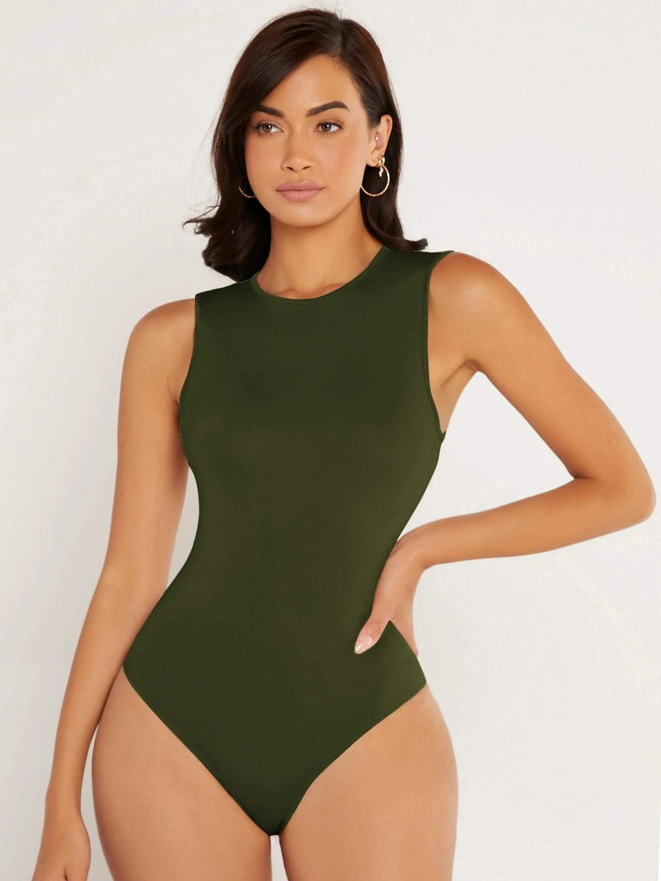 Round Neck Fitted Tank Bodysuit-Comfy Jumpsuits