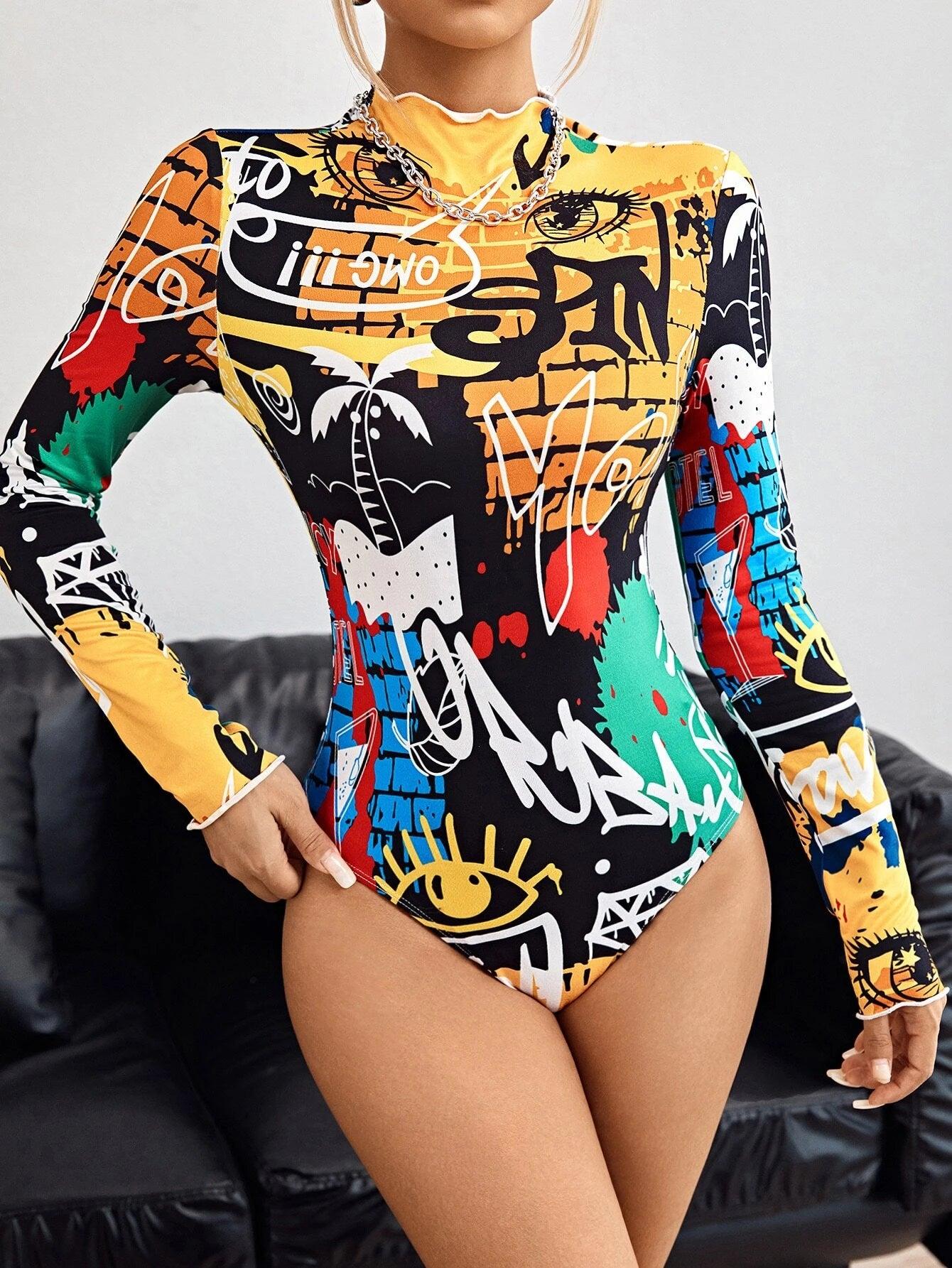 Graffiti Print Lettuce Trim Mock Neck Bodysuit-Comfy Jumpsuits